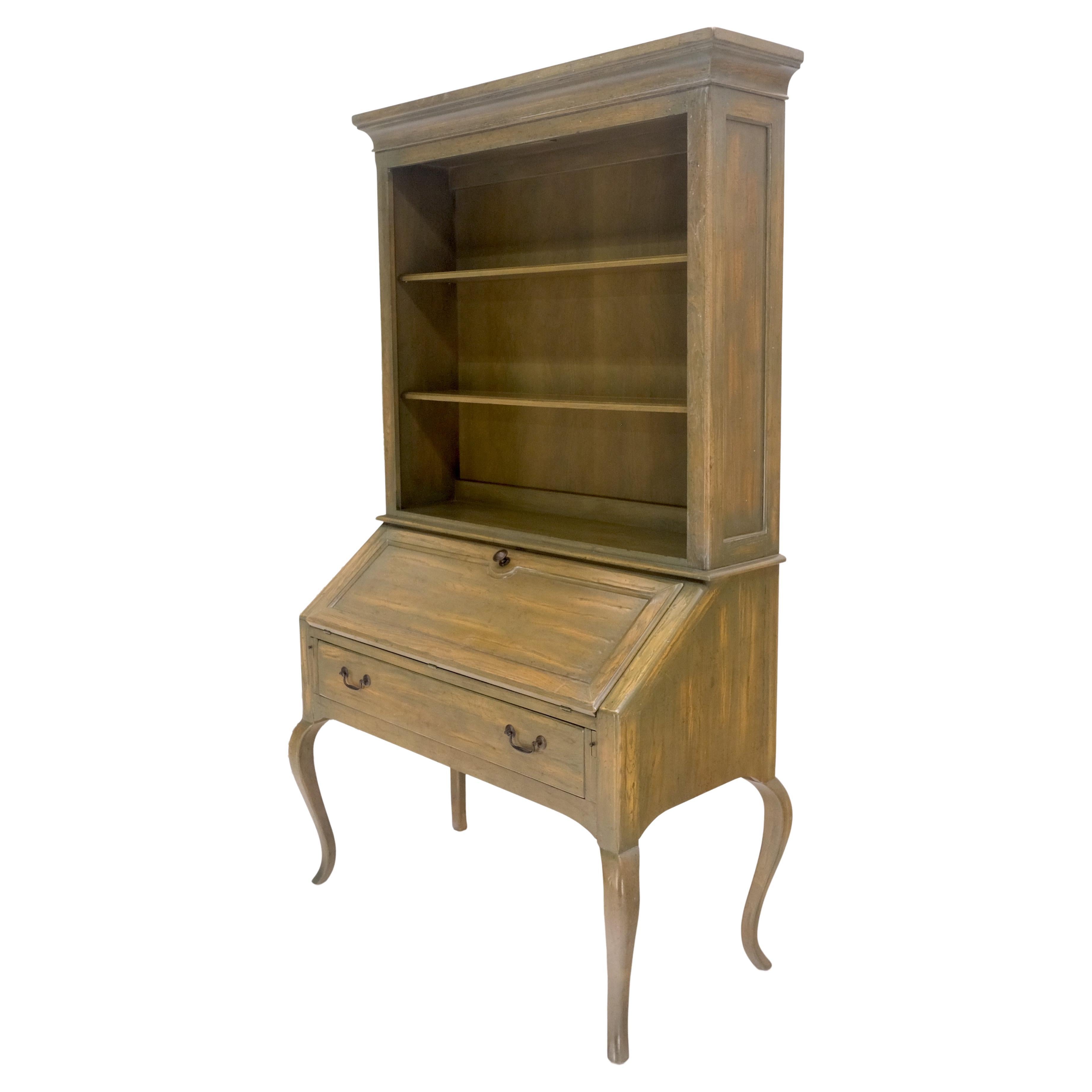 Henredon Solid Oak Olive Finish Wide Open Bookcase Secretary Desk Country French For Sale