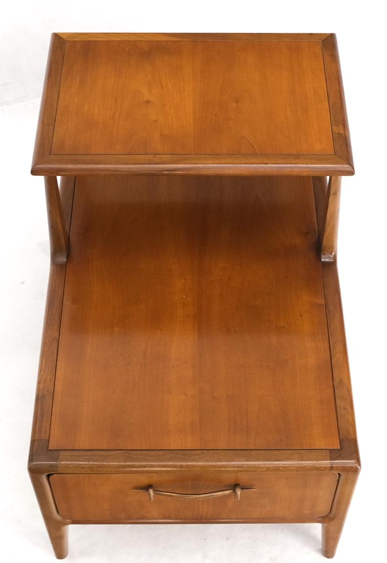 American Henredon Solid Walnut Sculptural Two Tier One Drawer Step Side Table For Sale