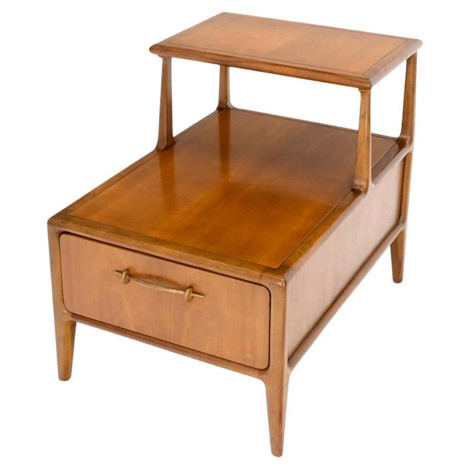Henredon Solid Walnut Sculptural Two Tier One Drawer Step Side Table ...