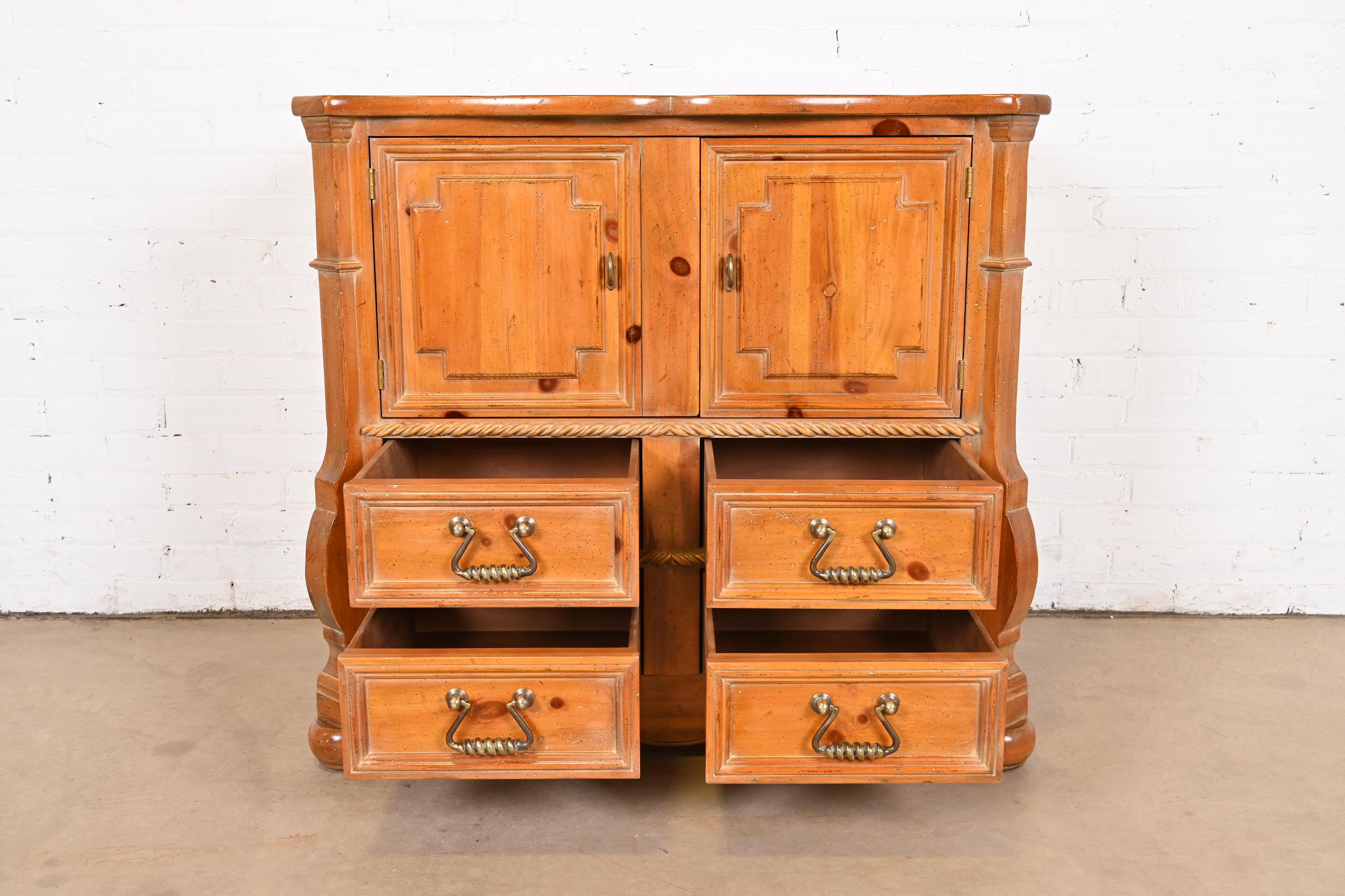 Henredon Spanish Baroque Carved Solid Pine Bar Cabinet or Chest of Drawers For Sale 4