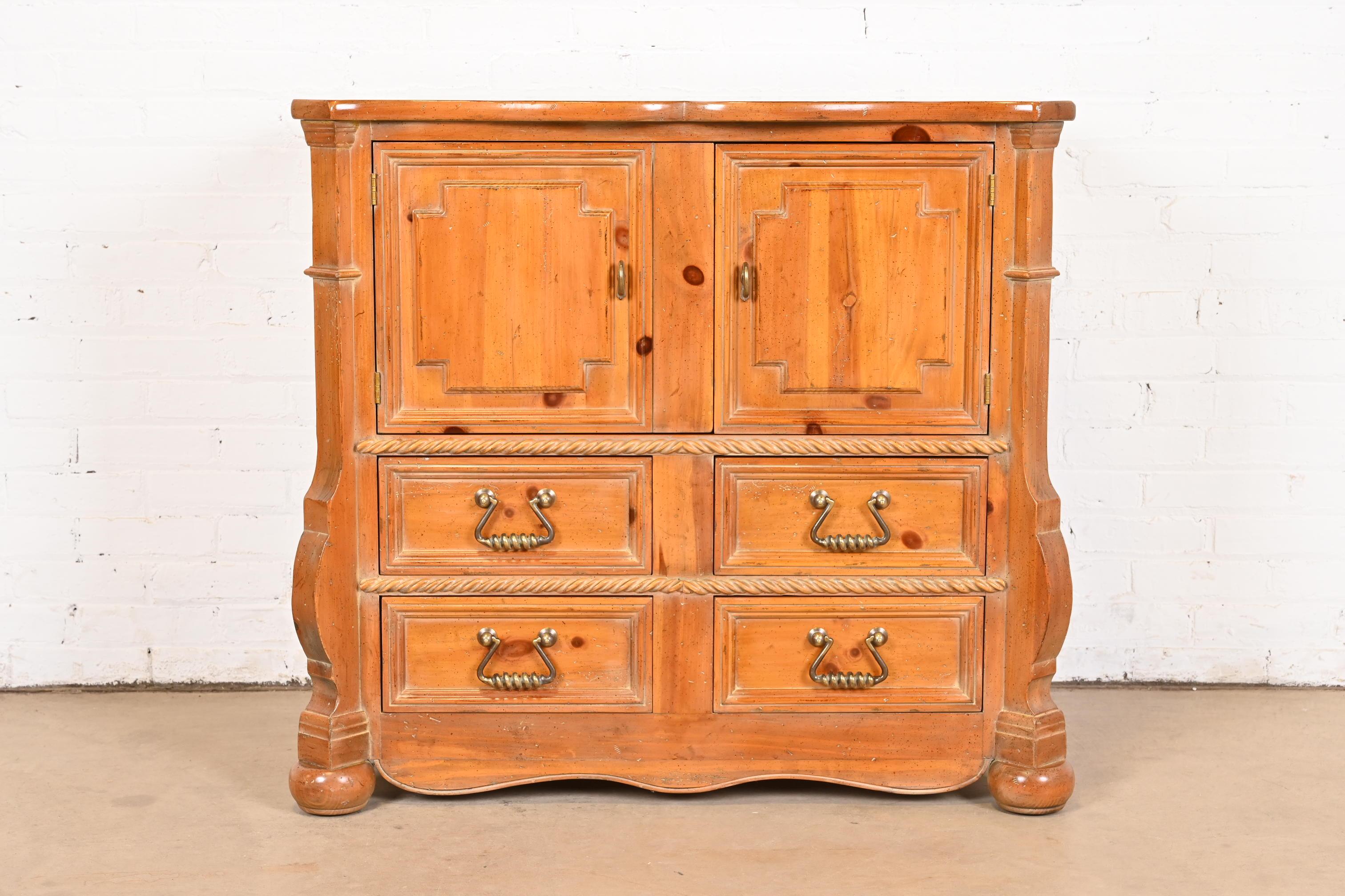 Spanish Colonial Henredon Spanish Baroque Carved Solid Pine Bar Cabinet or Chest of Drawers For Sale