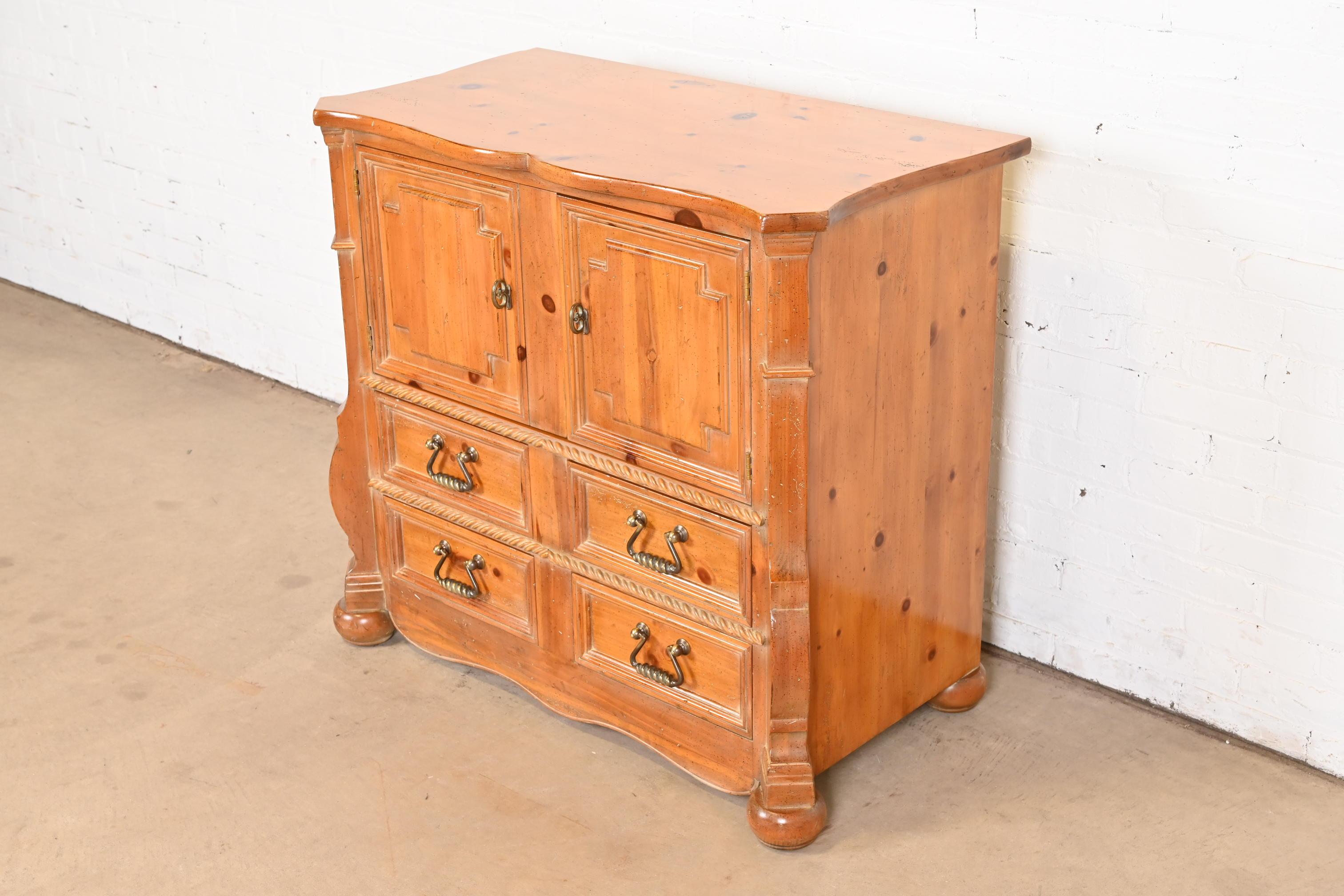 American Henredon Spanish Baroque Carved Solid Pine Bar Cabinet or Chest of Drawers For Sale