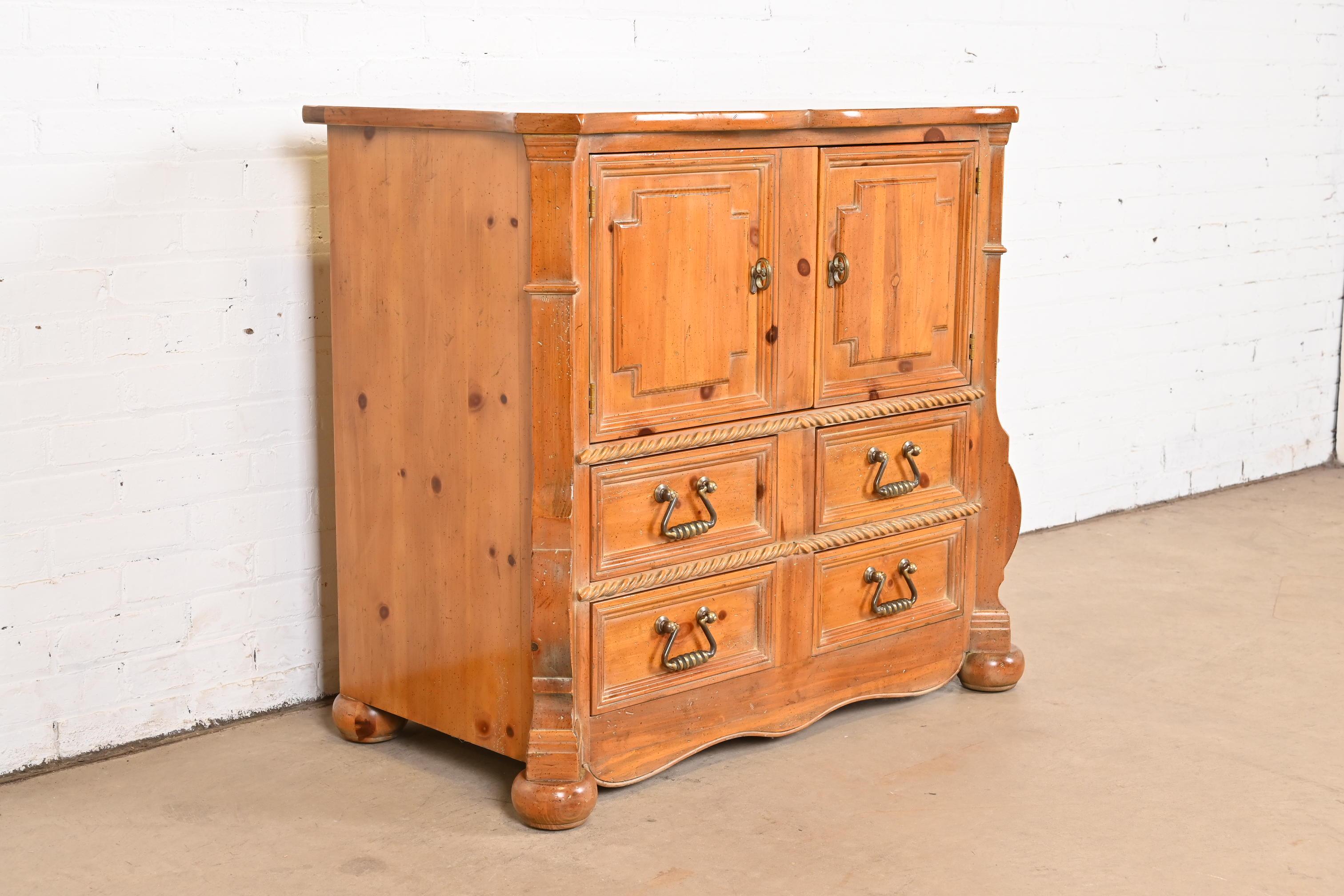 Brass Henredon Spanish Baroque Carved Solid Pine Bar Cabinet or Chest of Drawers For Sale