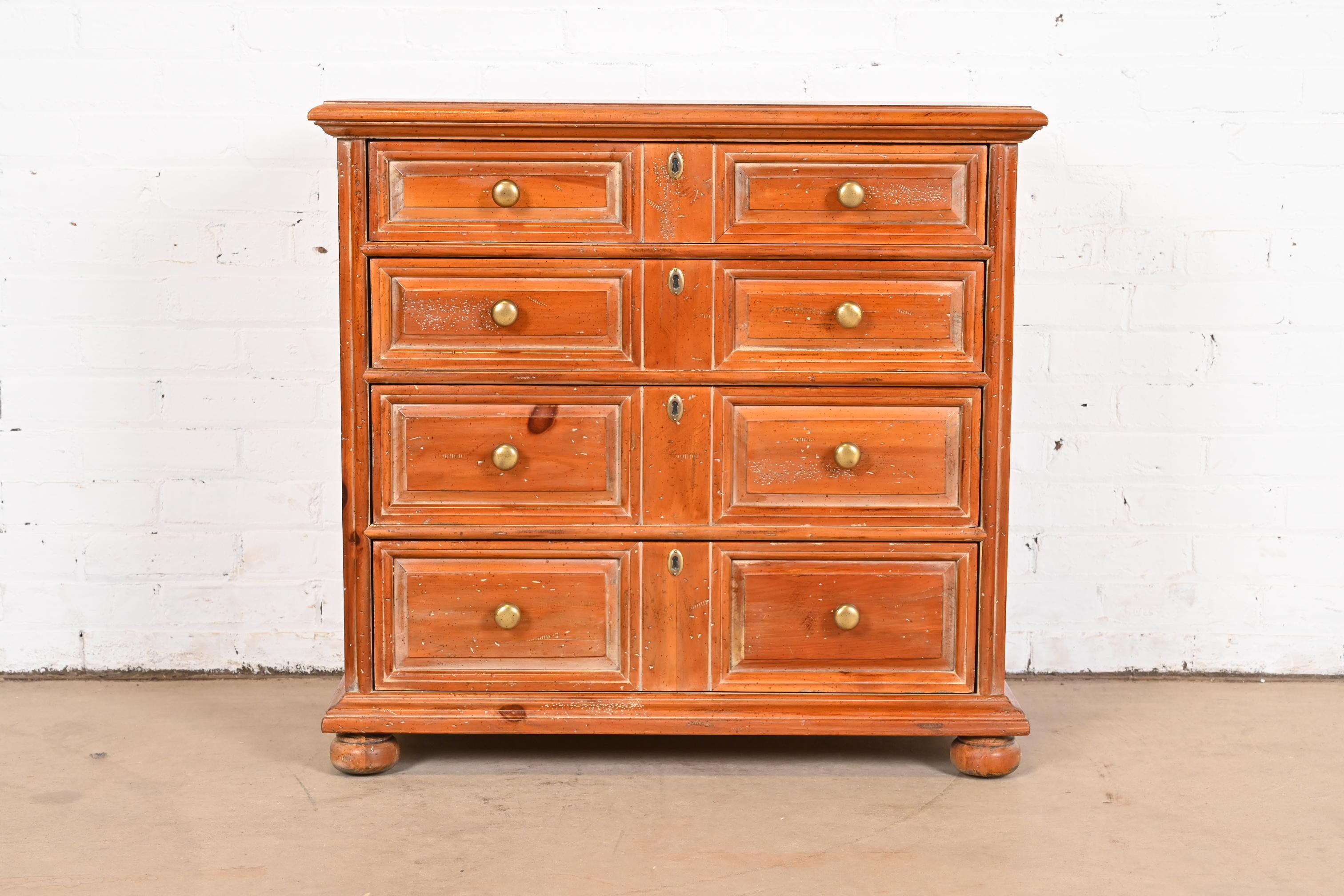 American Henredon Spanish Colonial Carved Solid Pine Commode or Chest of Drawers For Sale