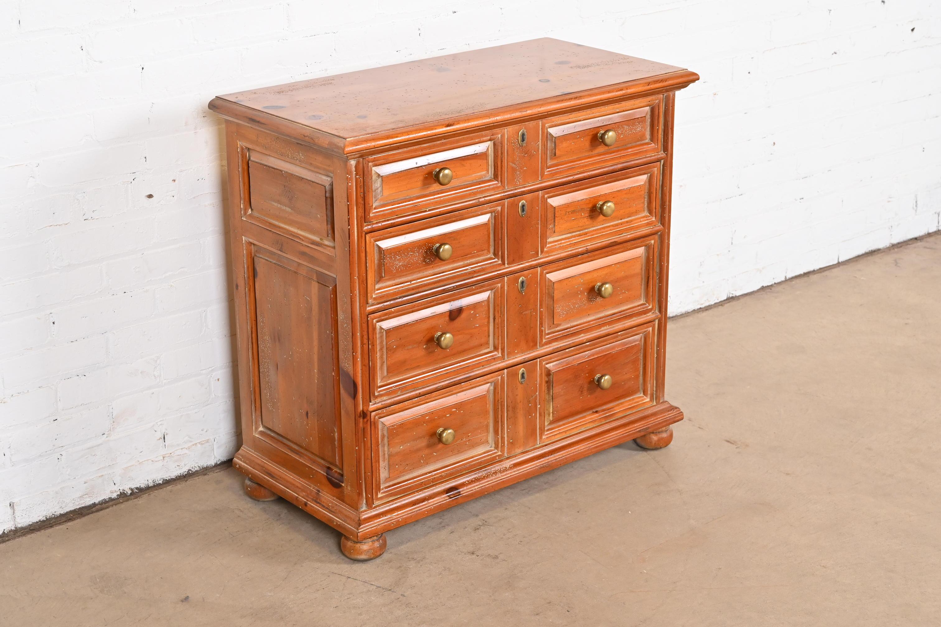 Brass Henredon Spanish Colonial Carved Solid Pine Commode or Chest of Drawers For Sale