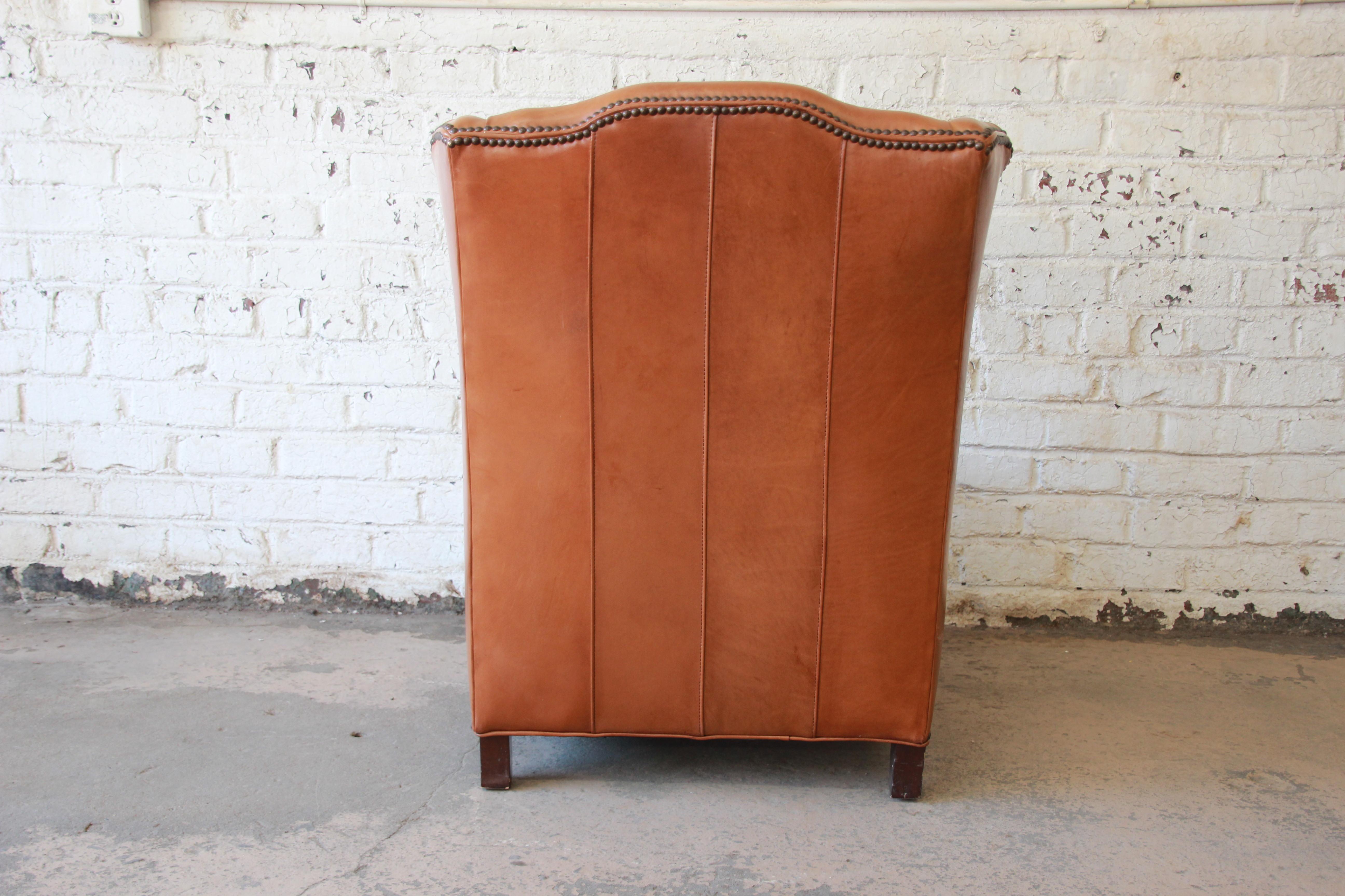 American Henredon Studded Brown Leather Wingback Lounge Chair