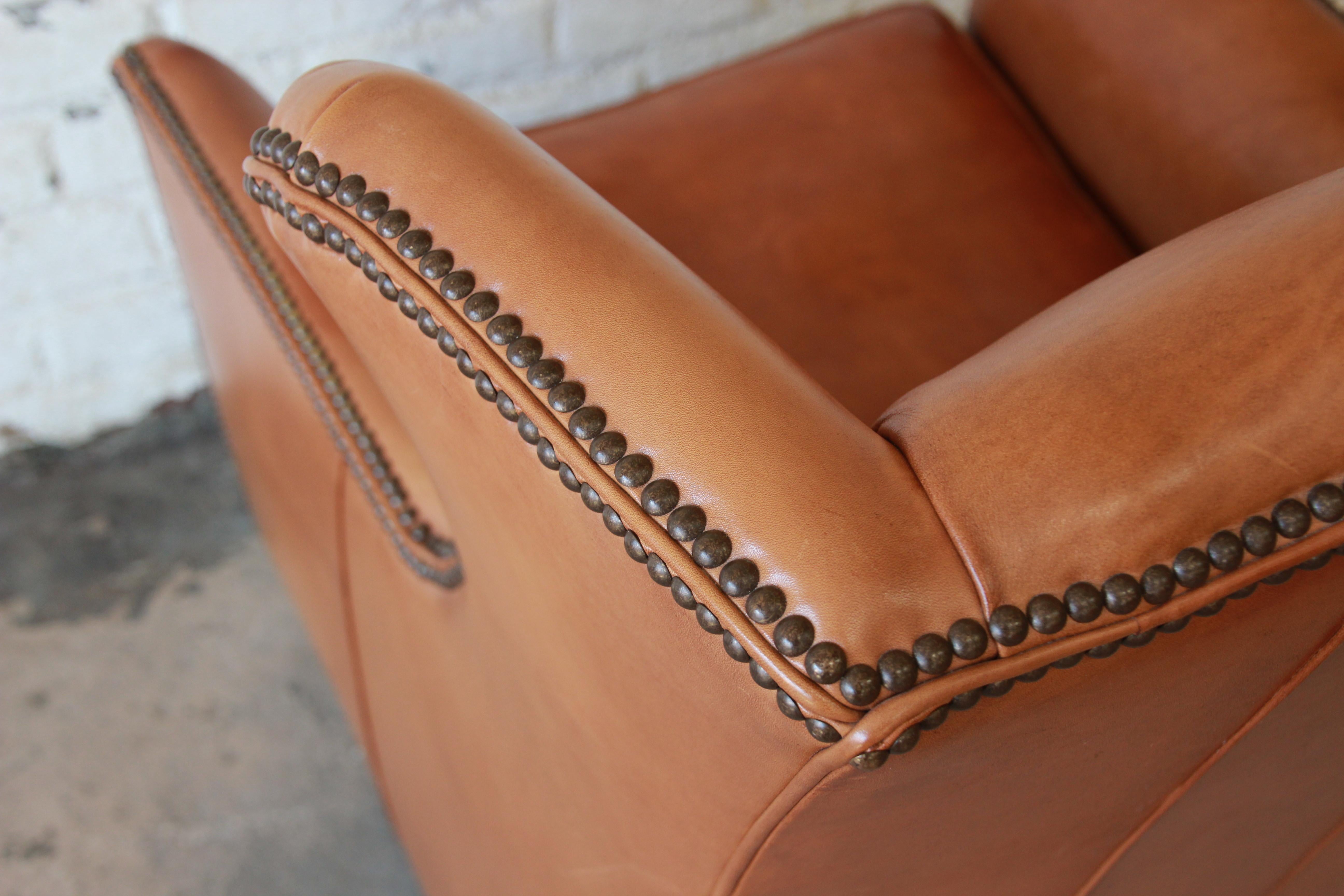 Henredon Studded Brown Leather Wingback Lounge Chair In Good Condition In South Bend, IN