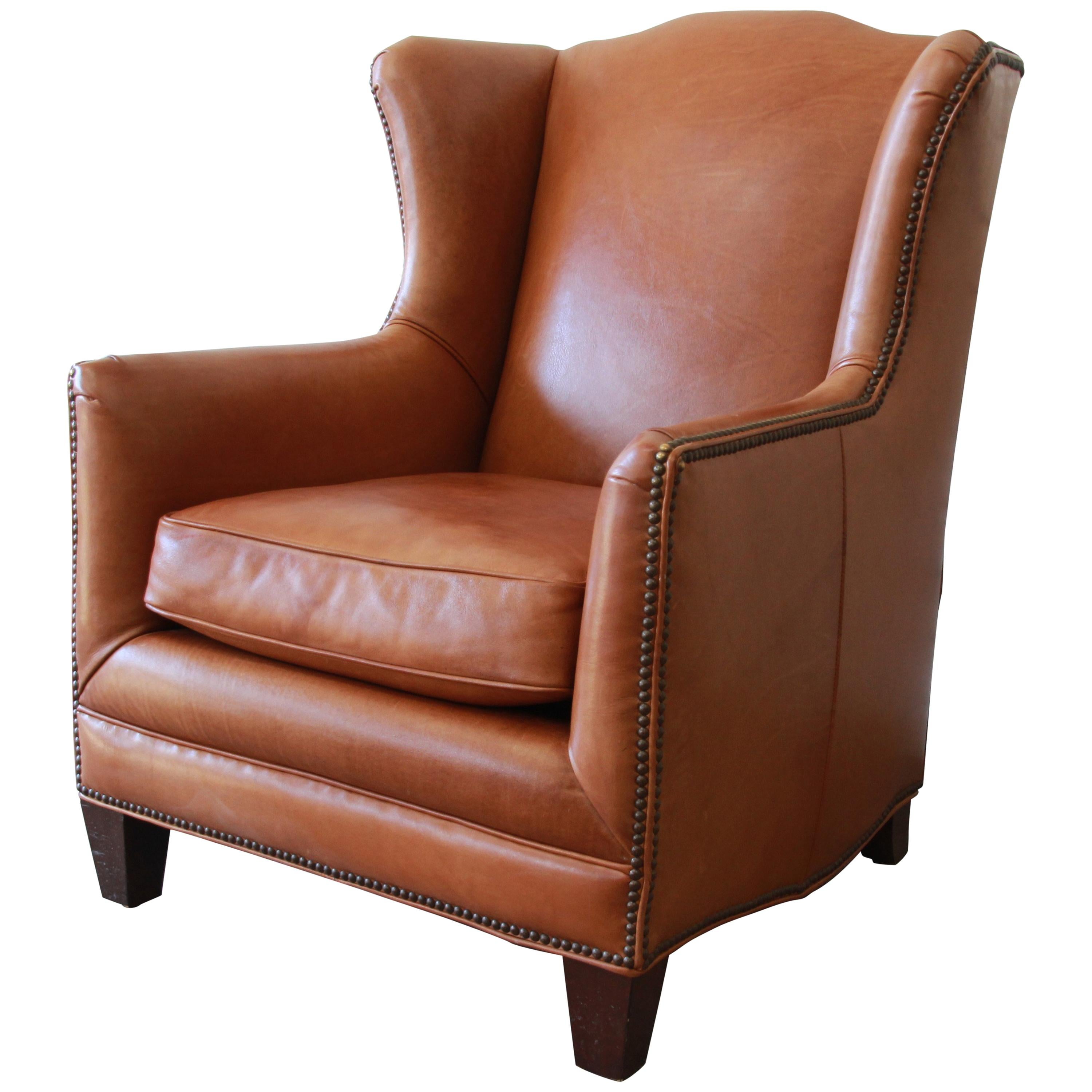 Henredon Studded Brown Leather Wingback Lounge Chair