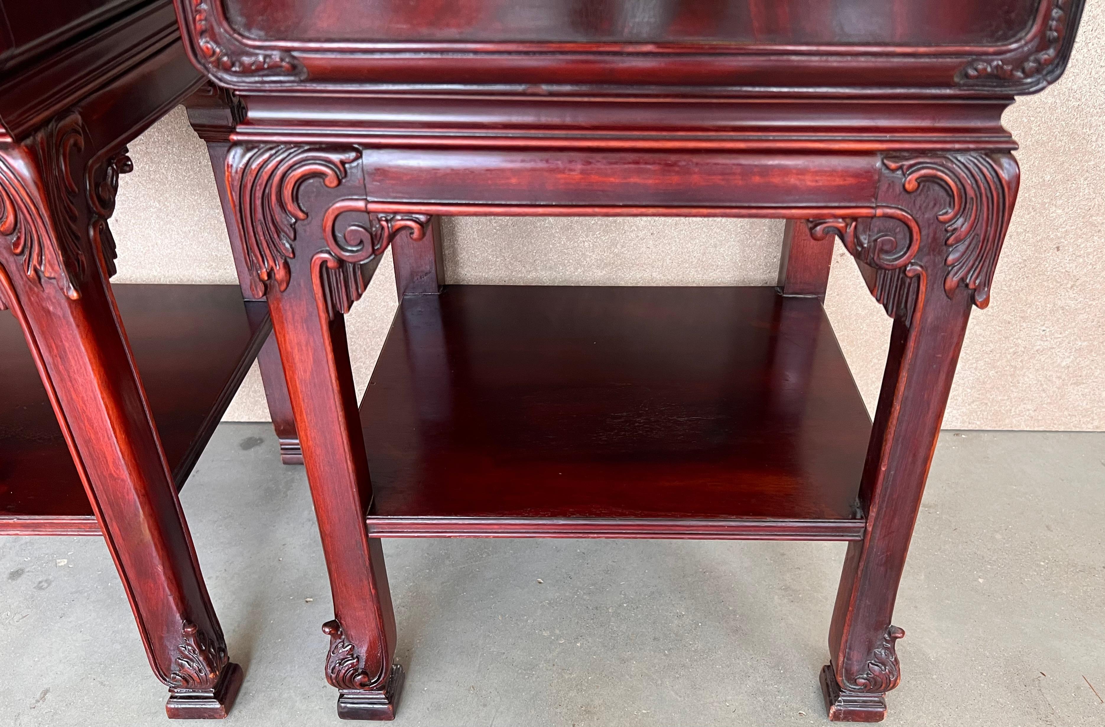 Henredon Style Chinese Chippendale Carved Mahogany Box Side Tables, a Pair For Sale 6