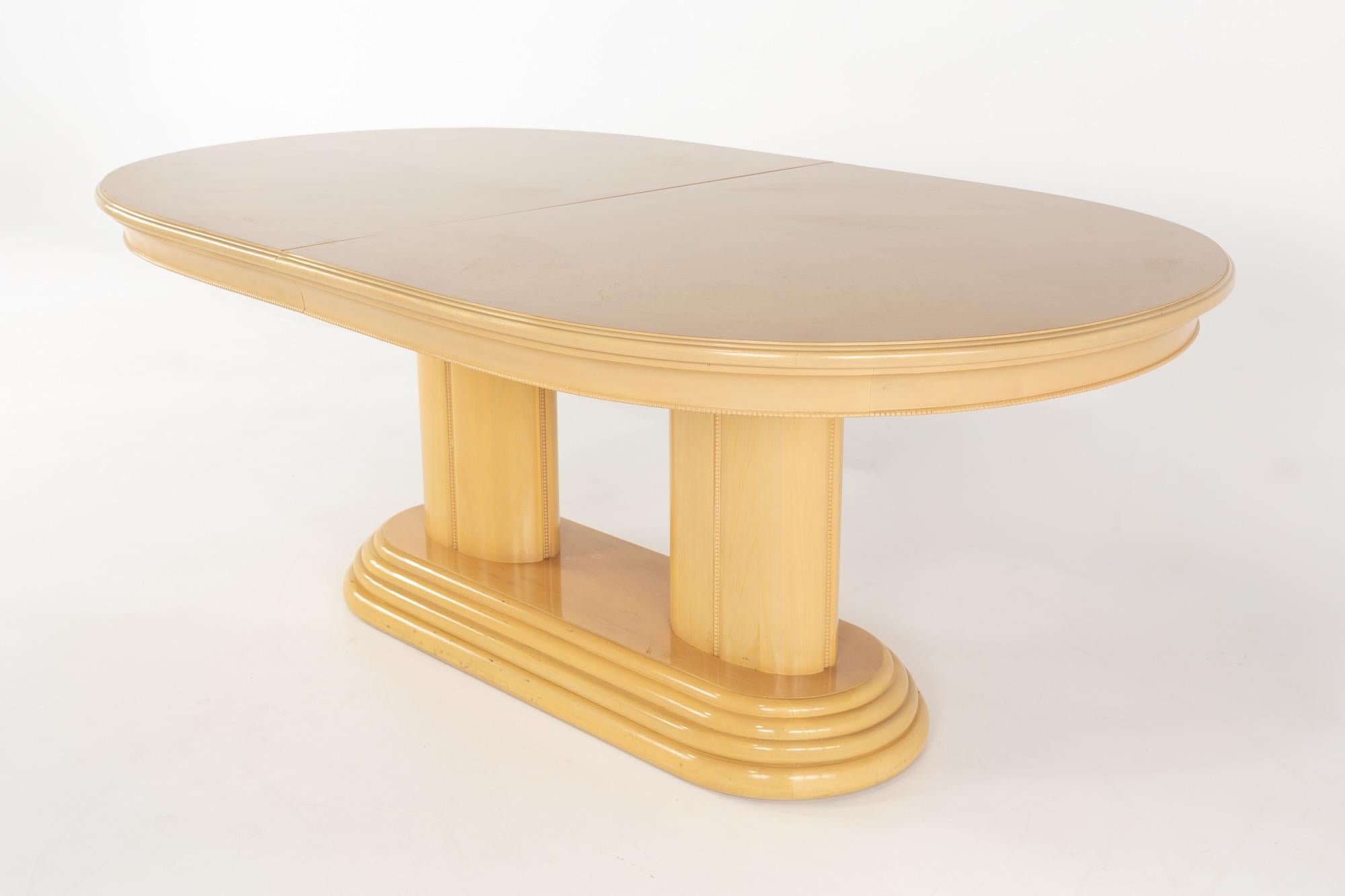 Modern Henredon Style Cream Pedestal Dining Table with 2 Leaves For Sale