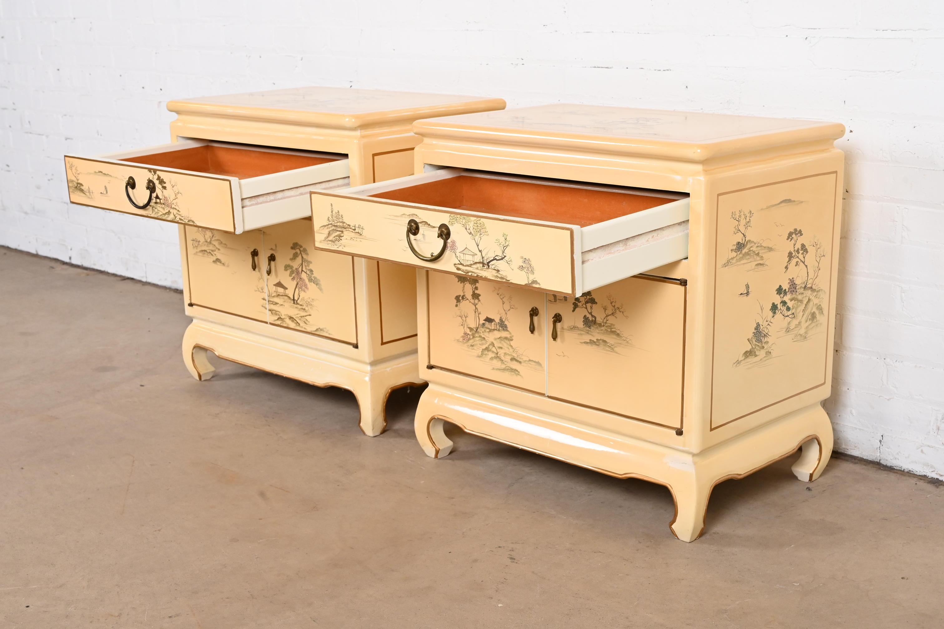 Henredon Style Hollywood Regency Chinoiserie Cream Lacquered Nightstands 4