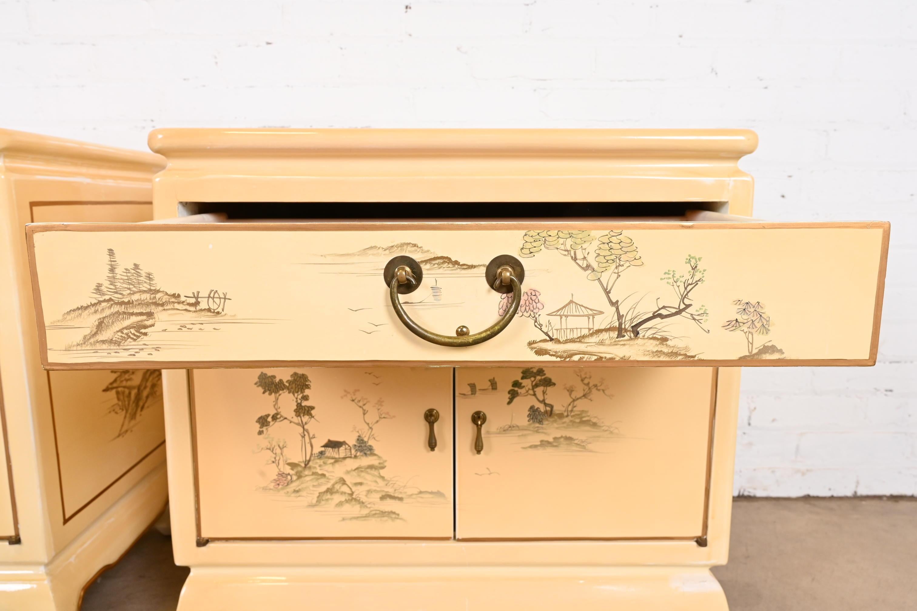Henredon Style Hollywood Regency Chinoiserie Cream Lacquered Nightstands 5