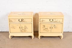 Henredon Style Hollywood Regency Chinoiserie Cream Lacquered Nightstands