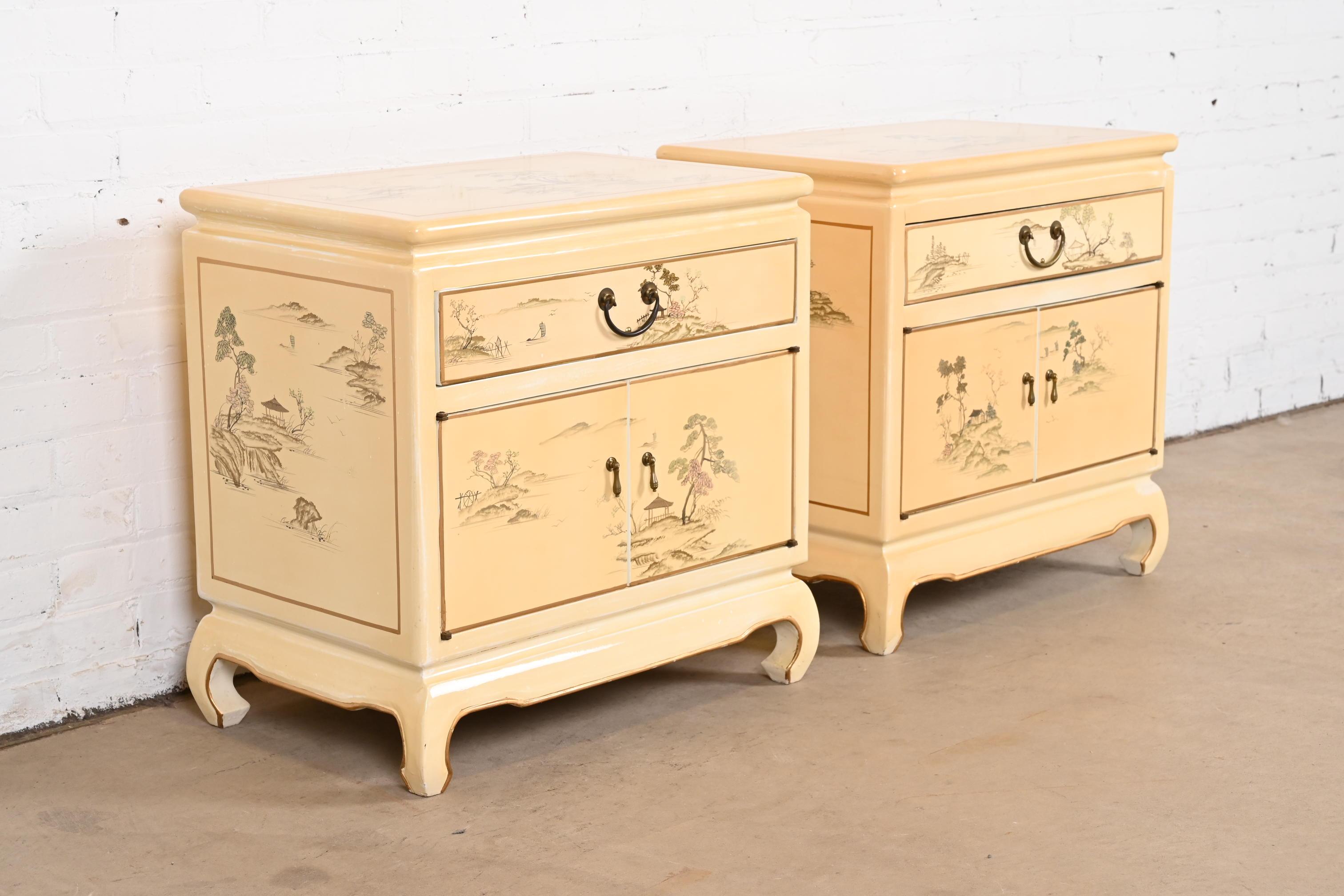 Henredon Style Hollywood Regency Chinoiserie Cream Lacquered Nightstands 1