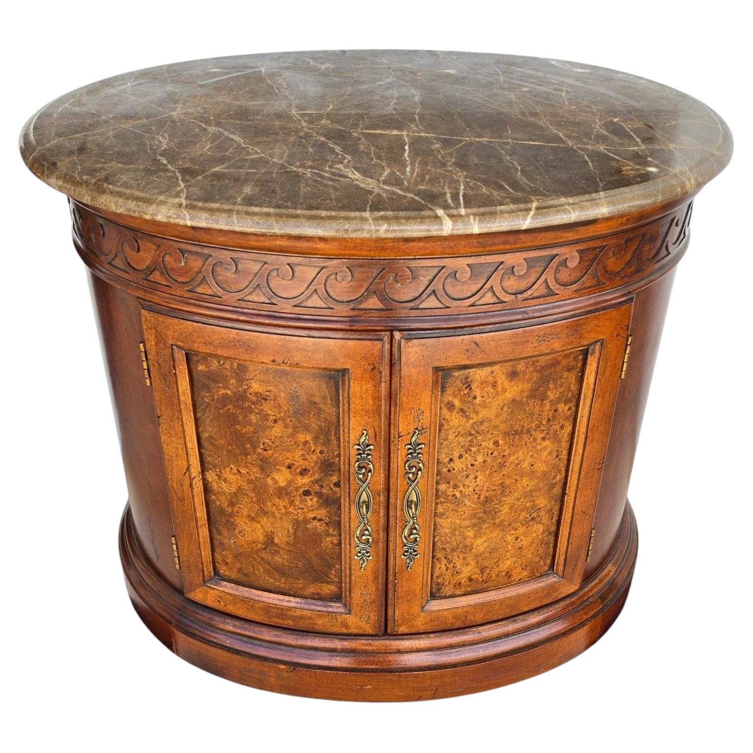 Pre-owned Henredon Style Mahogany & Marble Drum Center Side Bedside Table In Brown