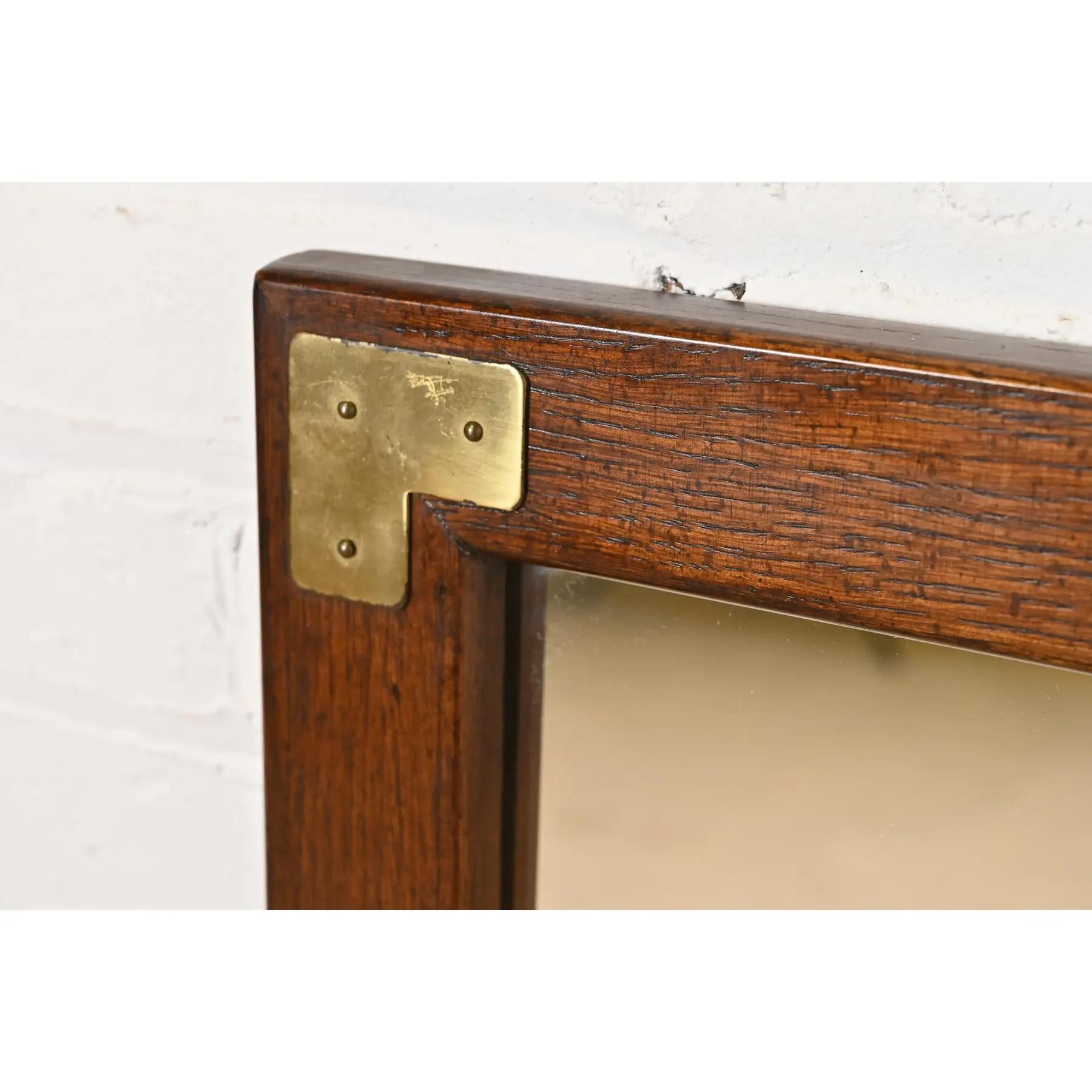 Late 20th Century Henredon Style Mid-Century Hollywood Regency Campaign Oak and Brass Mirrors