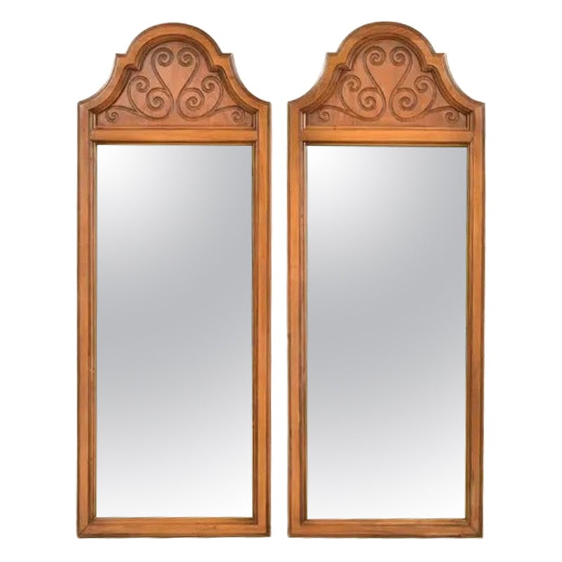 Henredon Style Mid-Century Hollywood Regency Fruitwood Tall Wall Mirrors, Pair For Sale