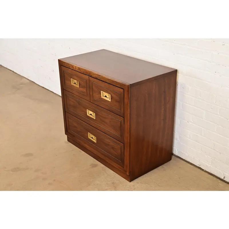 Late 20th Century Henredon Style Mid-Century Modern Campaign Oak Bachelor Chest, Circa 1970s For Sale