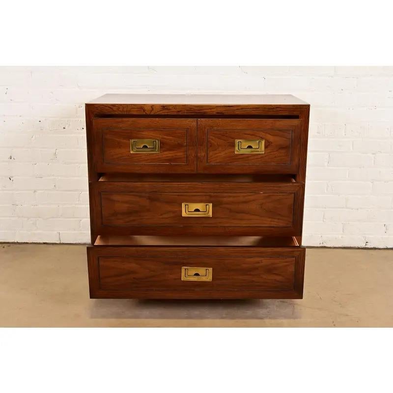 Henredon Style Mid-Century Modern Campaign Oak Bachelor Chest, Circa 1970s For Sale 1