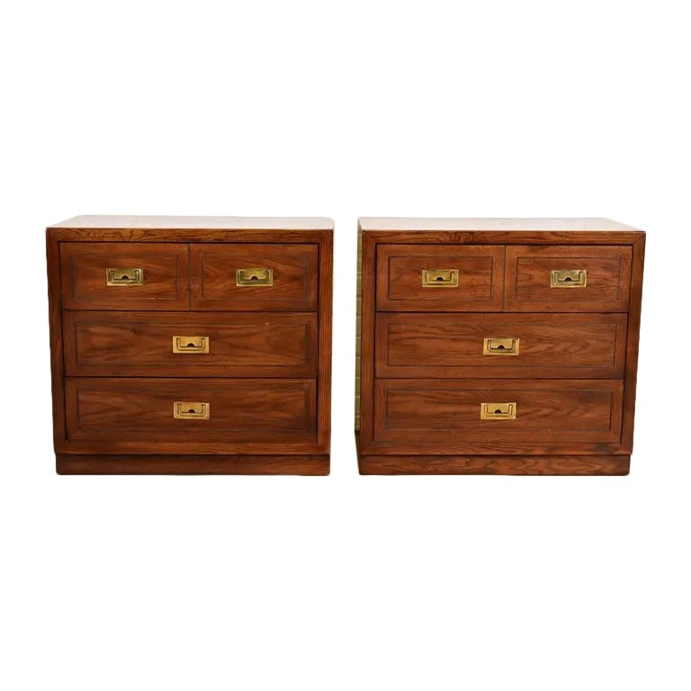 Henredon Style Mid-Century Modern Campaign Oak Bedside Chests, Circa 1970s