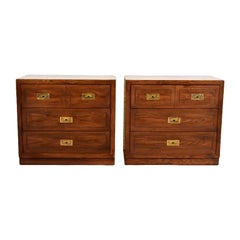 Henredon Style Mid-Century Modern Campaign Oak Bedside Chests, Circa 1970s