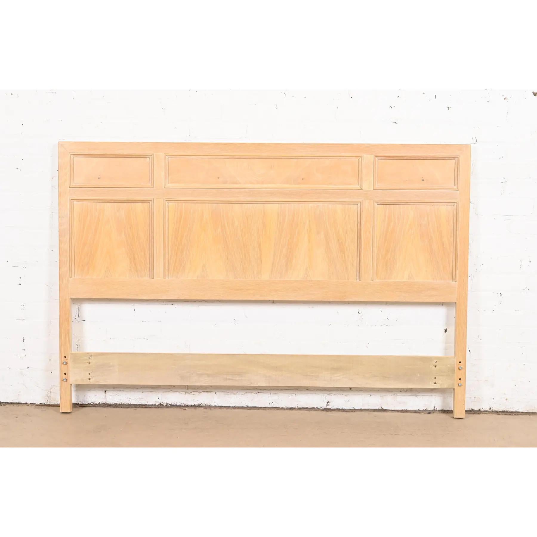 American Henredon Style Mid-Century Modern Campaign White Oak and Burl Wood Headboard For Sale