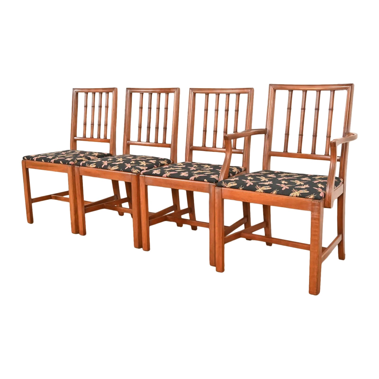 Sedie da pranzo in finto bambù intagliato in mogano in stile Henredon, set di quattro persone