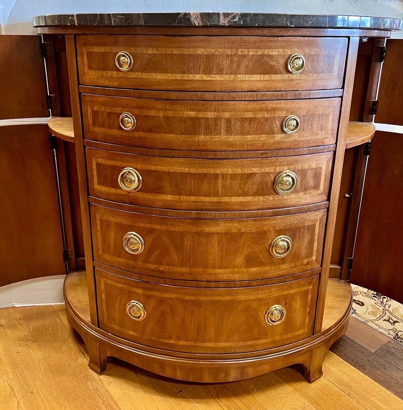 Henredon Tall Marble Top Demilune Bow Front Cabinet Commode Chest In Good Condition In West Hartford, CT