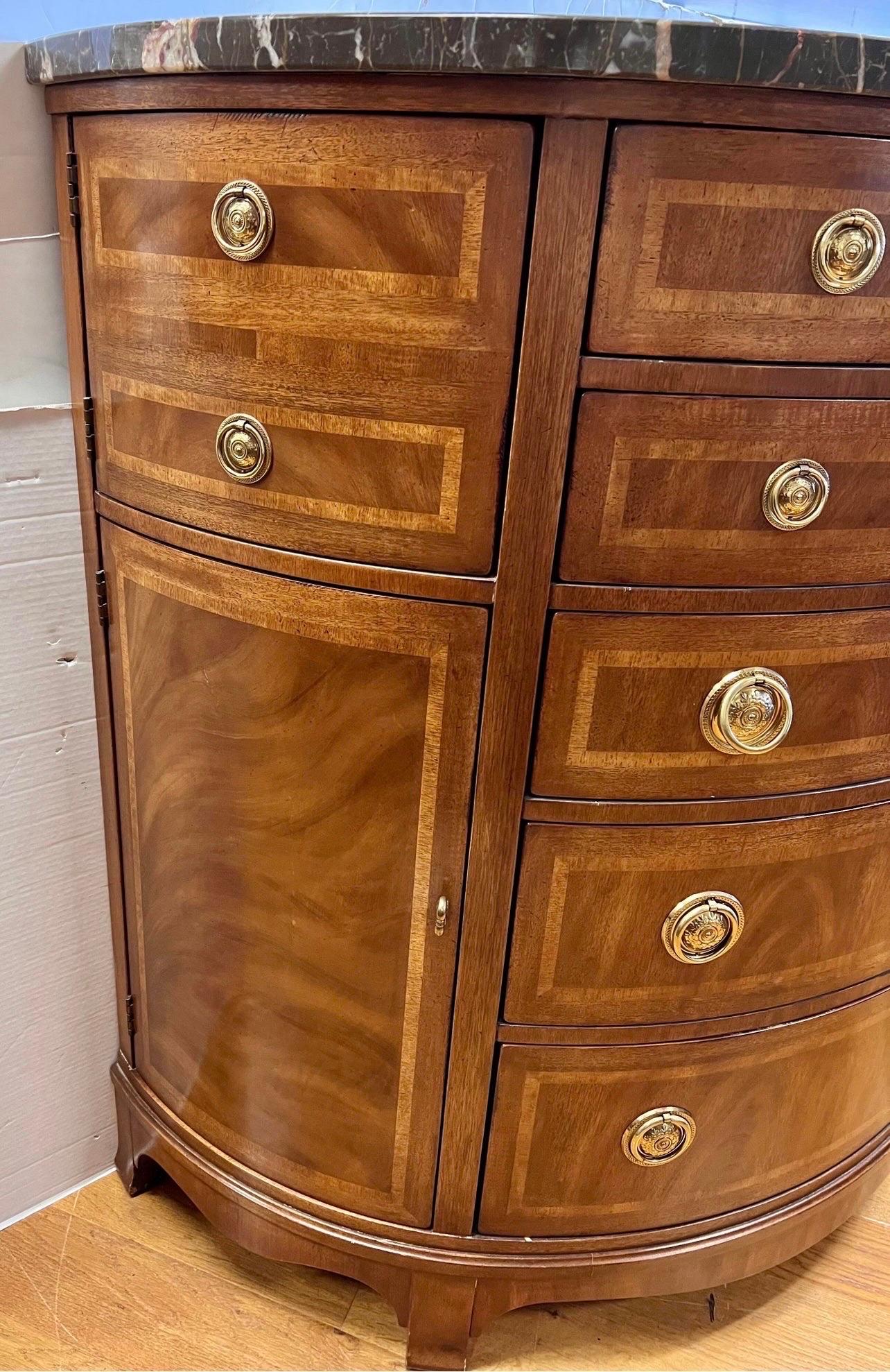 20th Century Henredon Tall Marble Top Demilune Bow Front Cabinet Commode Chest