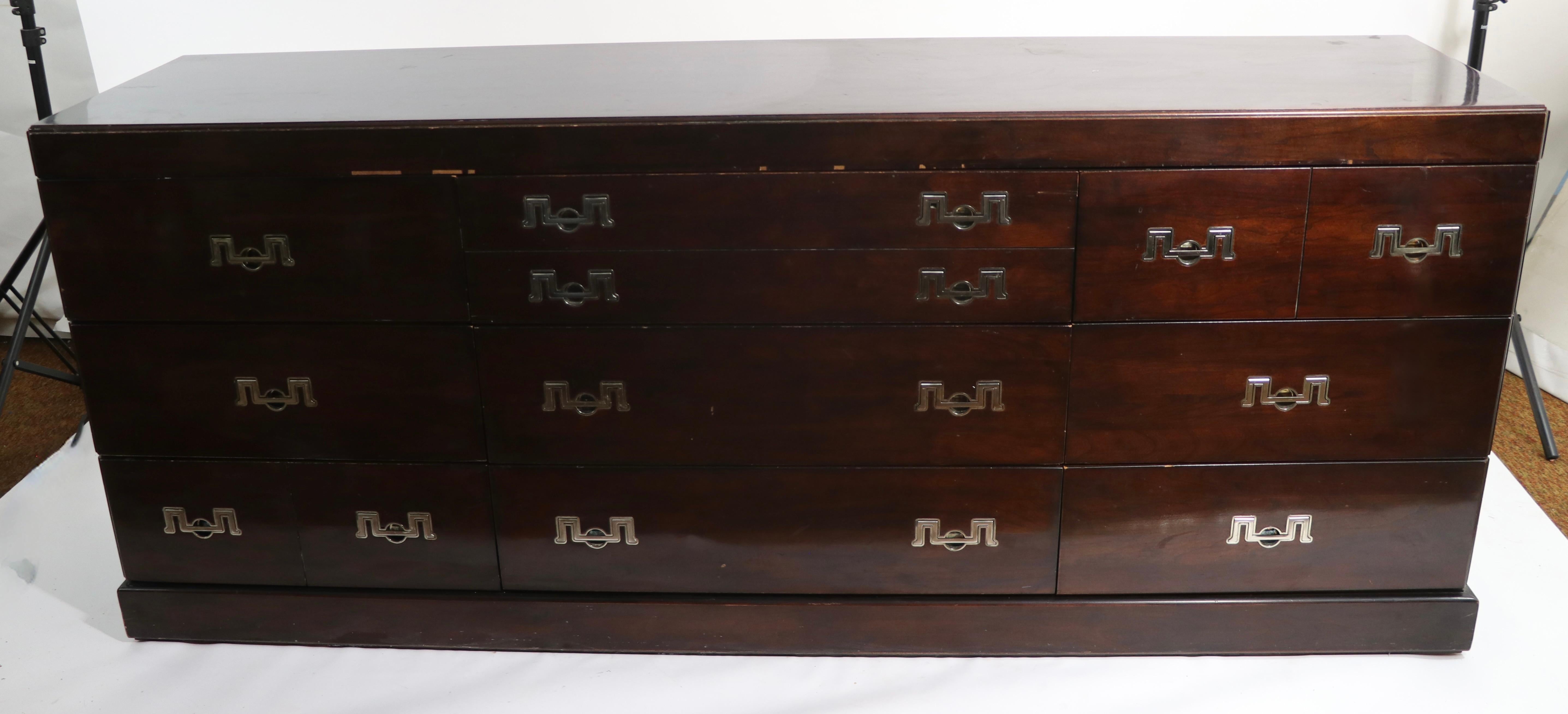 Hollywood Regency Henredon Triple Dresser in Dark Mahogany with Stylized Chrome Pulls For Sale
