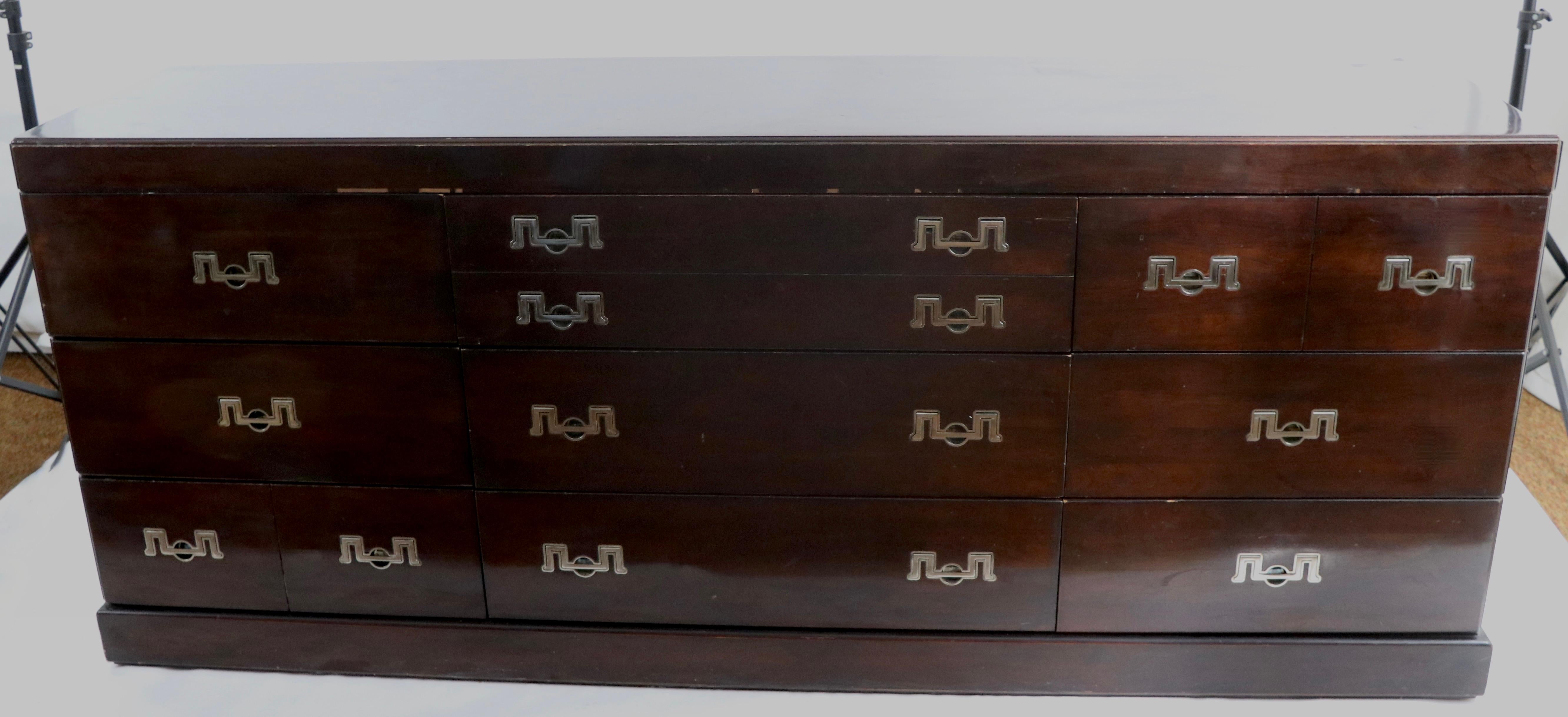 American Henredon Triple Dresser in Dark Mahogany with Stylized Chrome Pulls For Sale