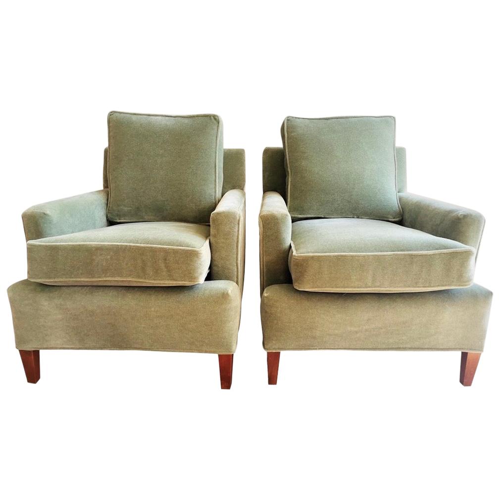 Henredon Tuxedo Club Chairs Newly Upholstered in Pale Green Mohair Fabric, Pair