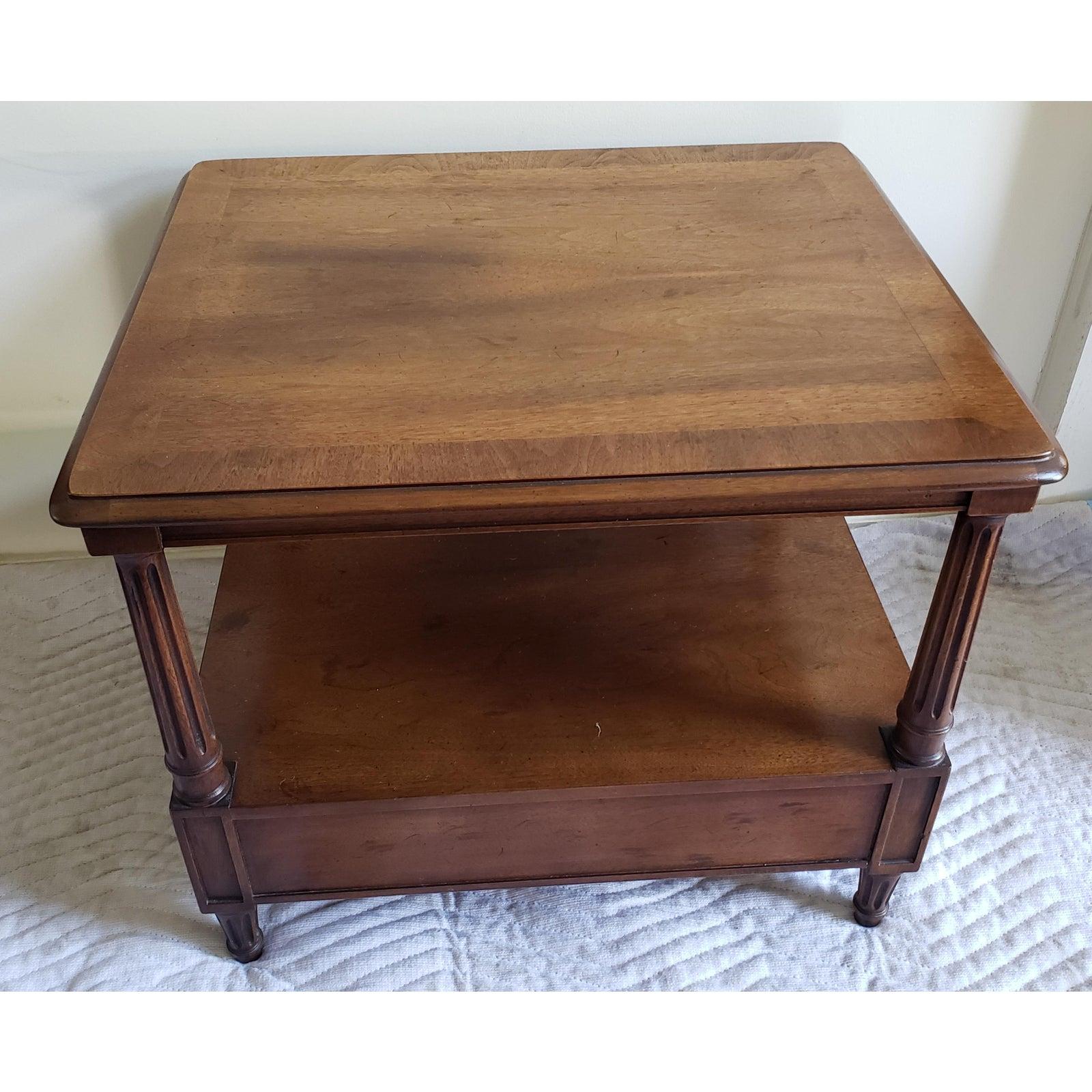 American Classical Henredon Two Tier Solid Walnut Side Table With Bottom Drawer For Sale