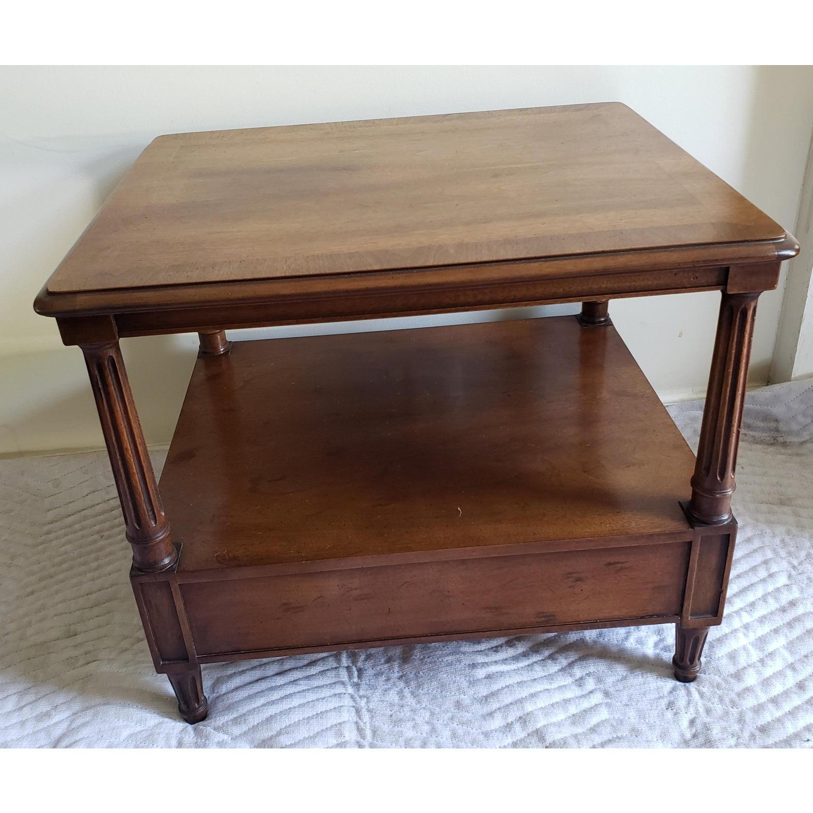 North American Henredon Two Tier Solid Walnut Side Table With Bottom Drawer For Sale