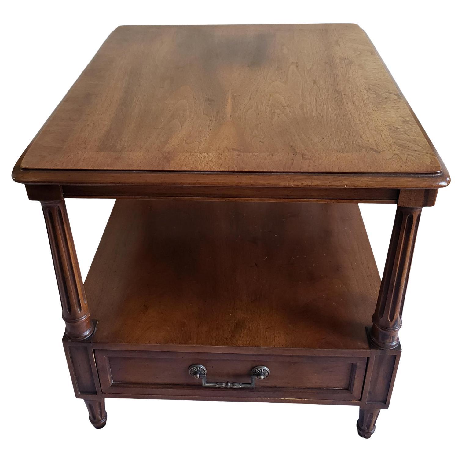 Henredon Two Tier Solid Walnut Side Table With Bottom Drawer