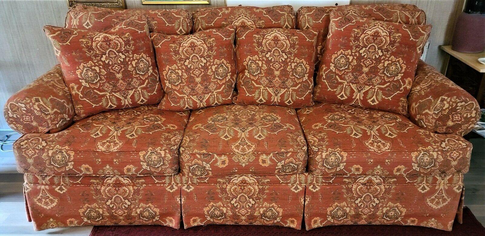 Offering One Of Our Recent Palm Beach Estate Fine Furniture Acquisitions Of A
Wonderful HENREDON Upholstery Collection 3 Seat Sofa with 4 Throw Pillows and 2 Arm Covers
Seat cushions are foam core surrounded with down/feathers. Throw pillows are