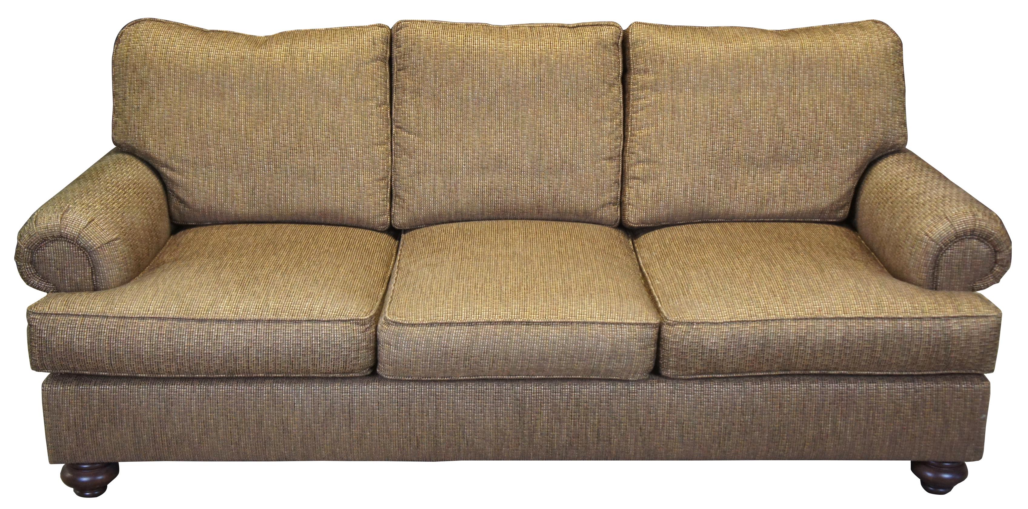 Henredon upholstery collection tweed sofa in Natchez finish. Features three-seat, rolled arms, bun feet and four throw pillows. Measures: 90”.
  