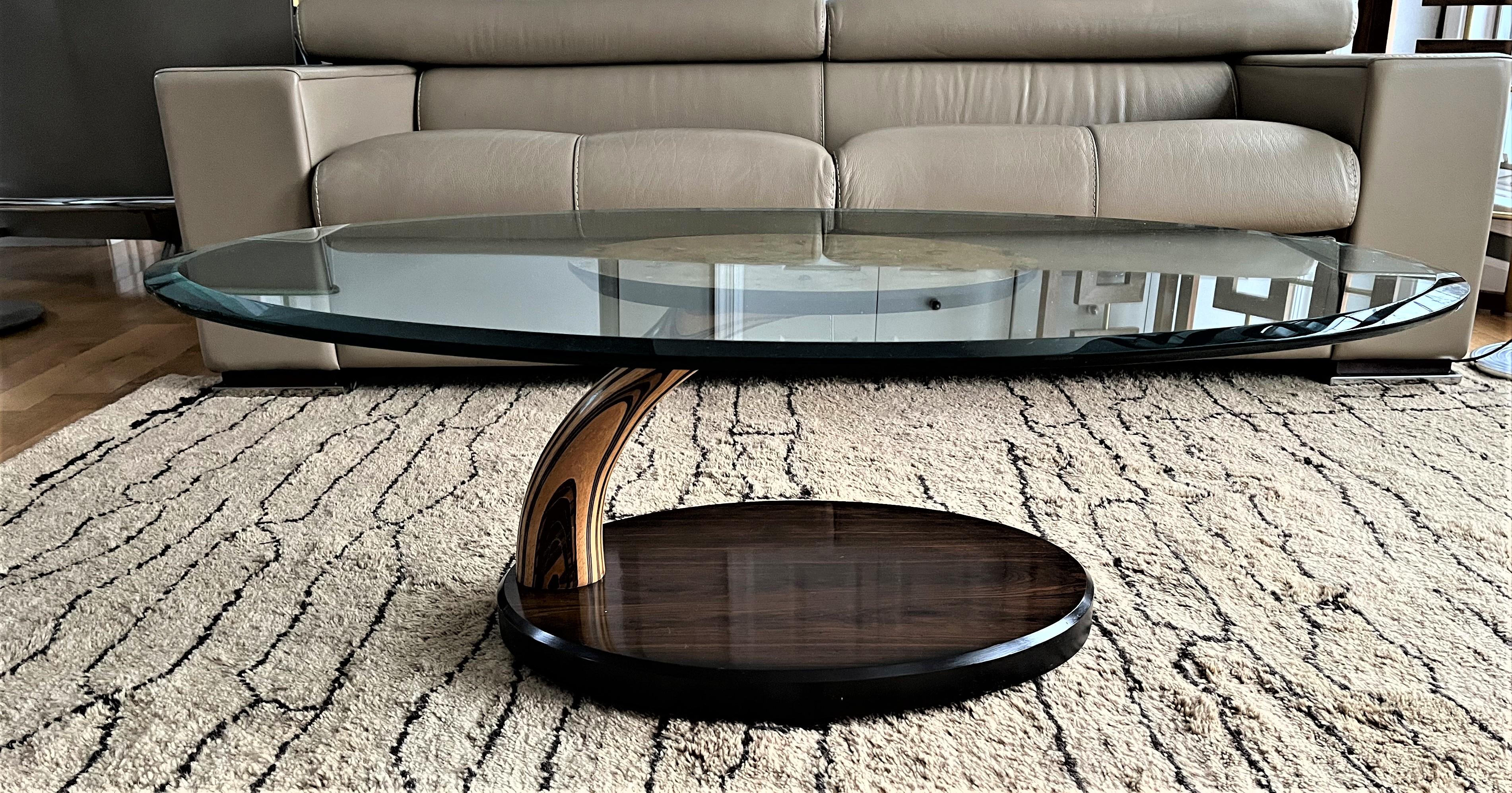 A 1970s Henredon Scene Two Coffee Table - various rare woods and glass top in good condition.