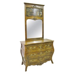 Henredon "Villandry" Bombe 3-Drawer Chest and Mirror with Painted Asian Scene