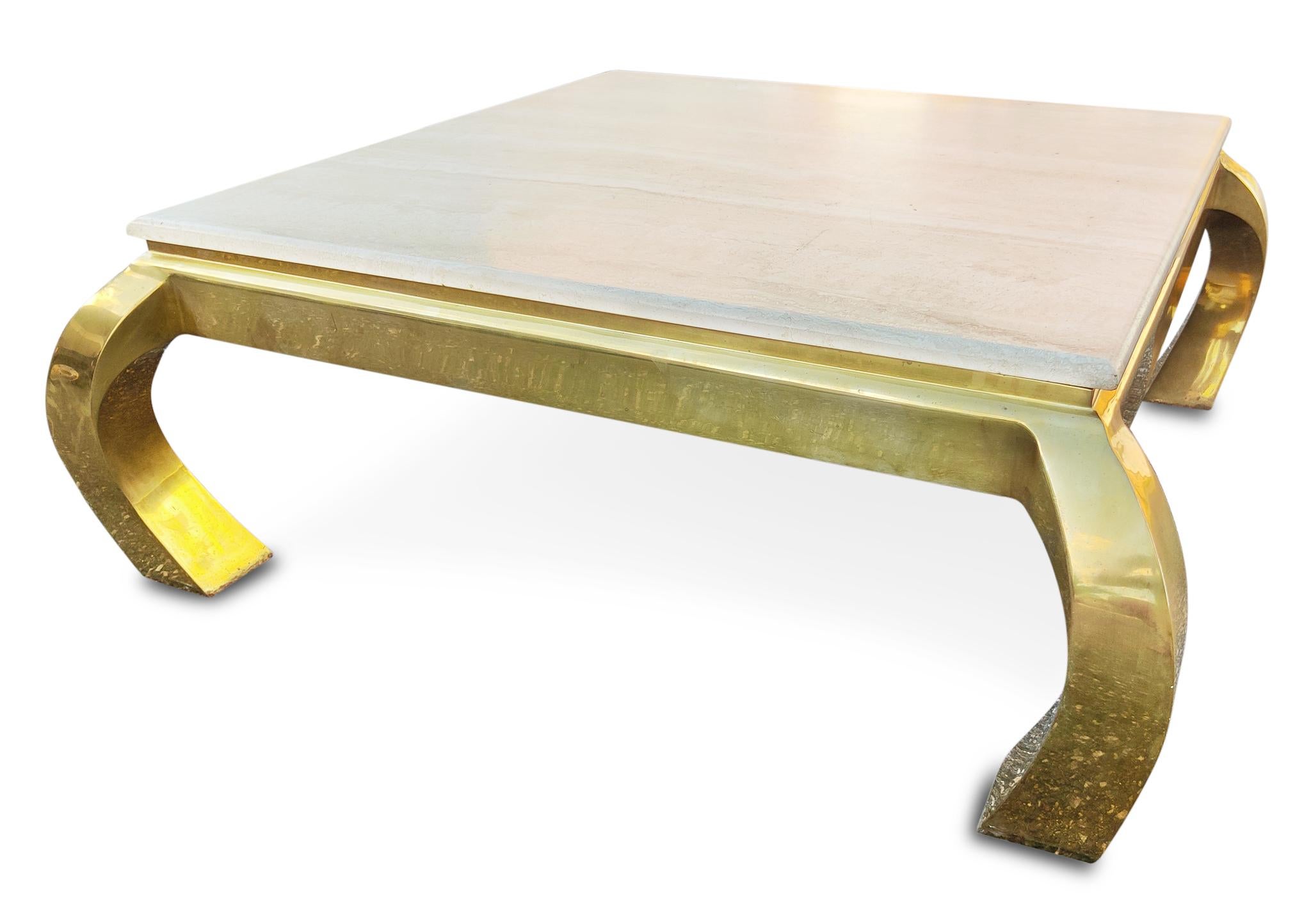 American Henredon Vintage Hollywood Regency Style Polished Travertine Brass Coffee Table  For Sale