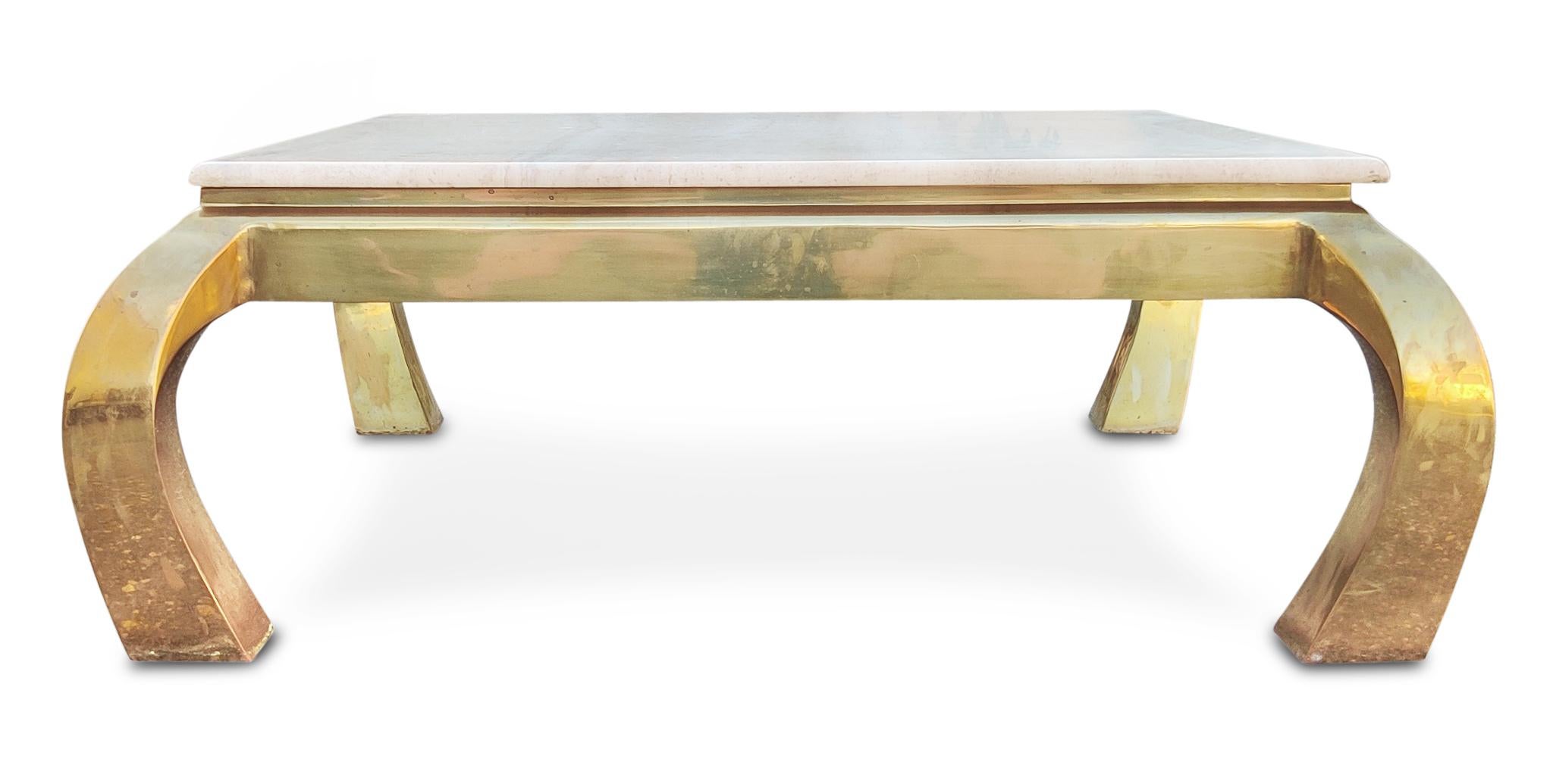 Henredon Vintage Hollywood Regency Style Polished Travertine Brass Coffee Table  In Good Condition For Sale In Philadelphia, PA