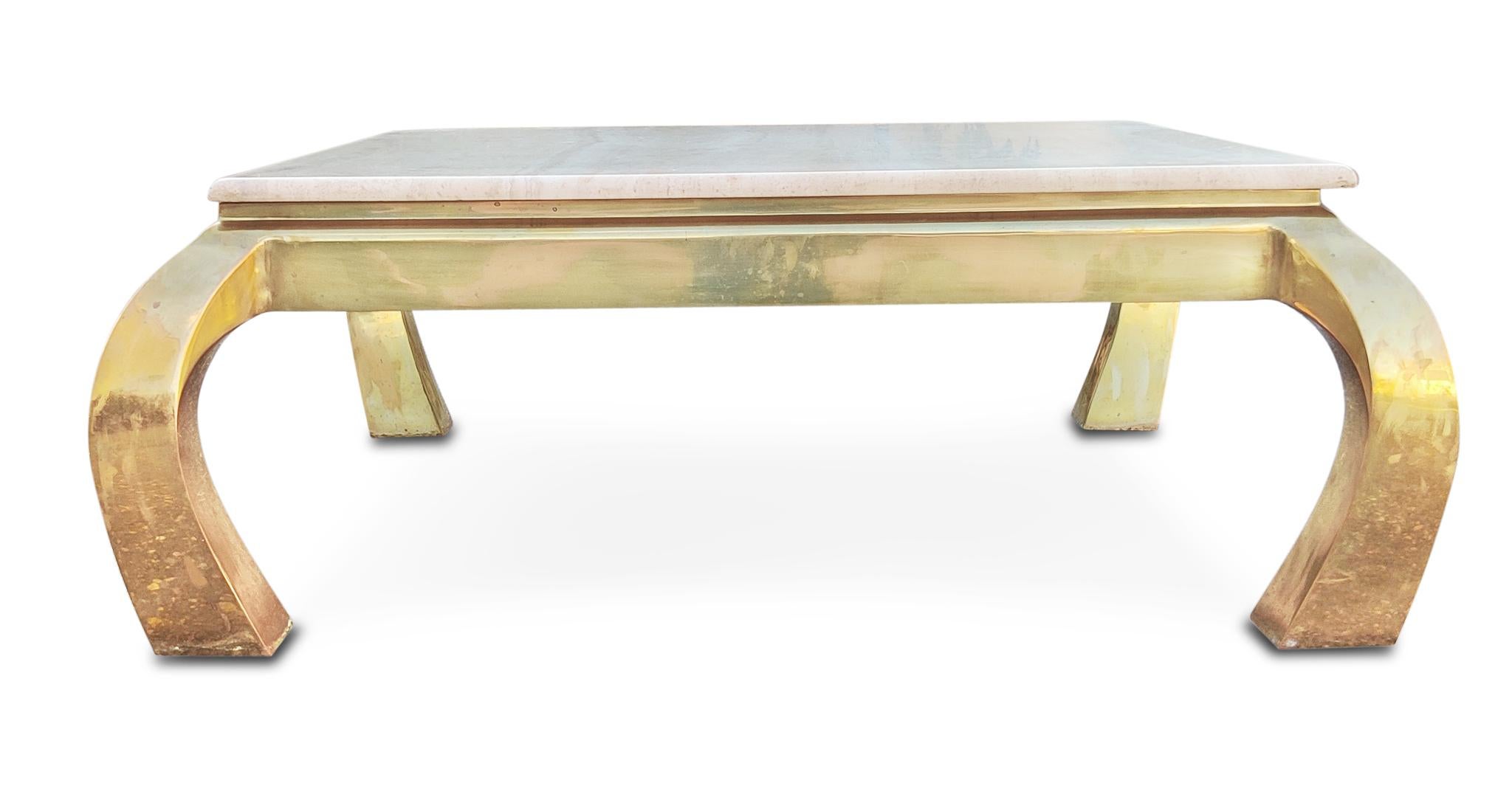 Late 20th Century Henredon Vintage Hollywood Regency Style Polished Travertine Brass Coffee Table  For Sale