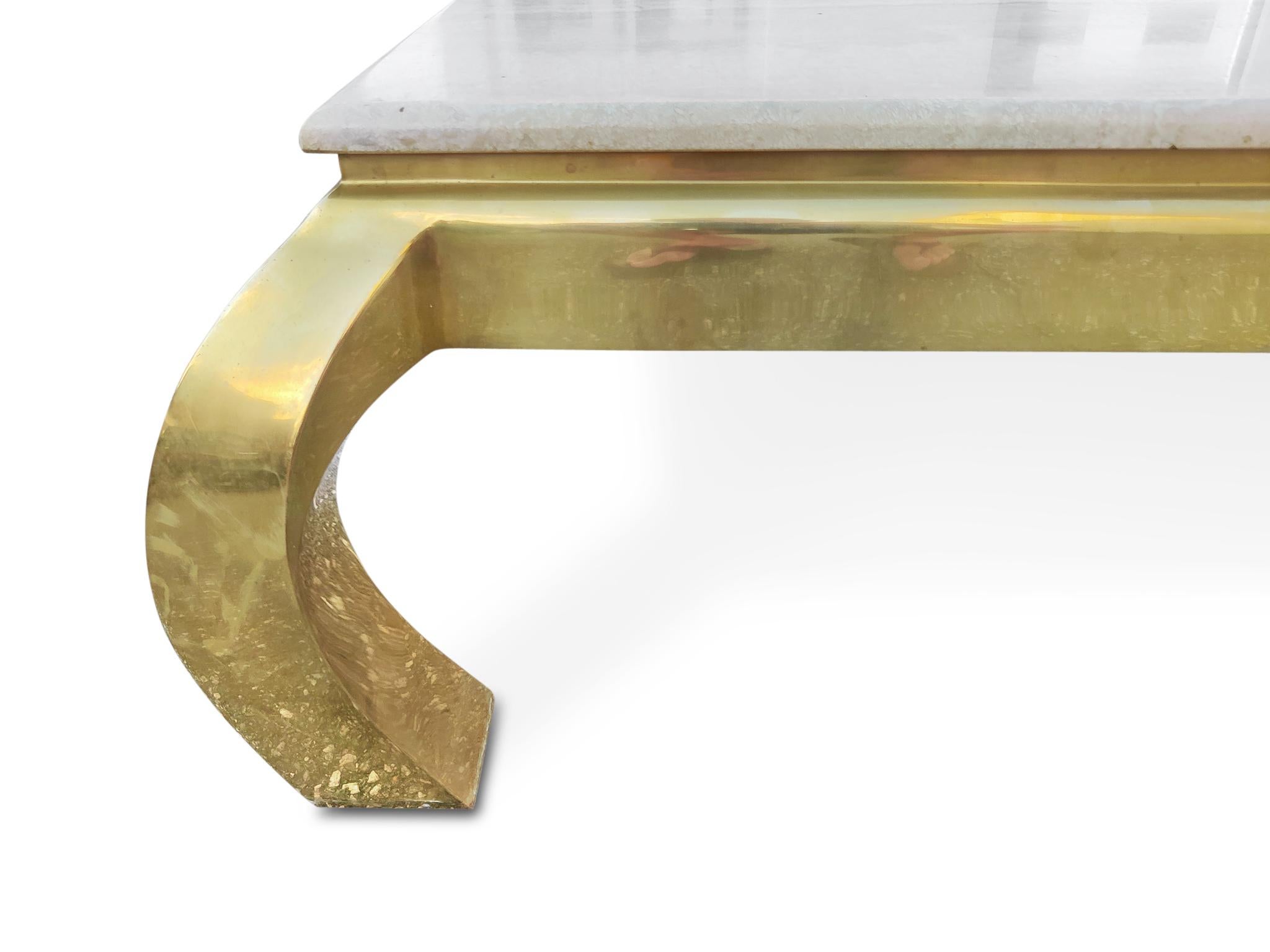 Henredon Vintage Hollywood Regency Style Polished Travertine Brass Coffee Table  For Sale 2