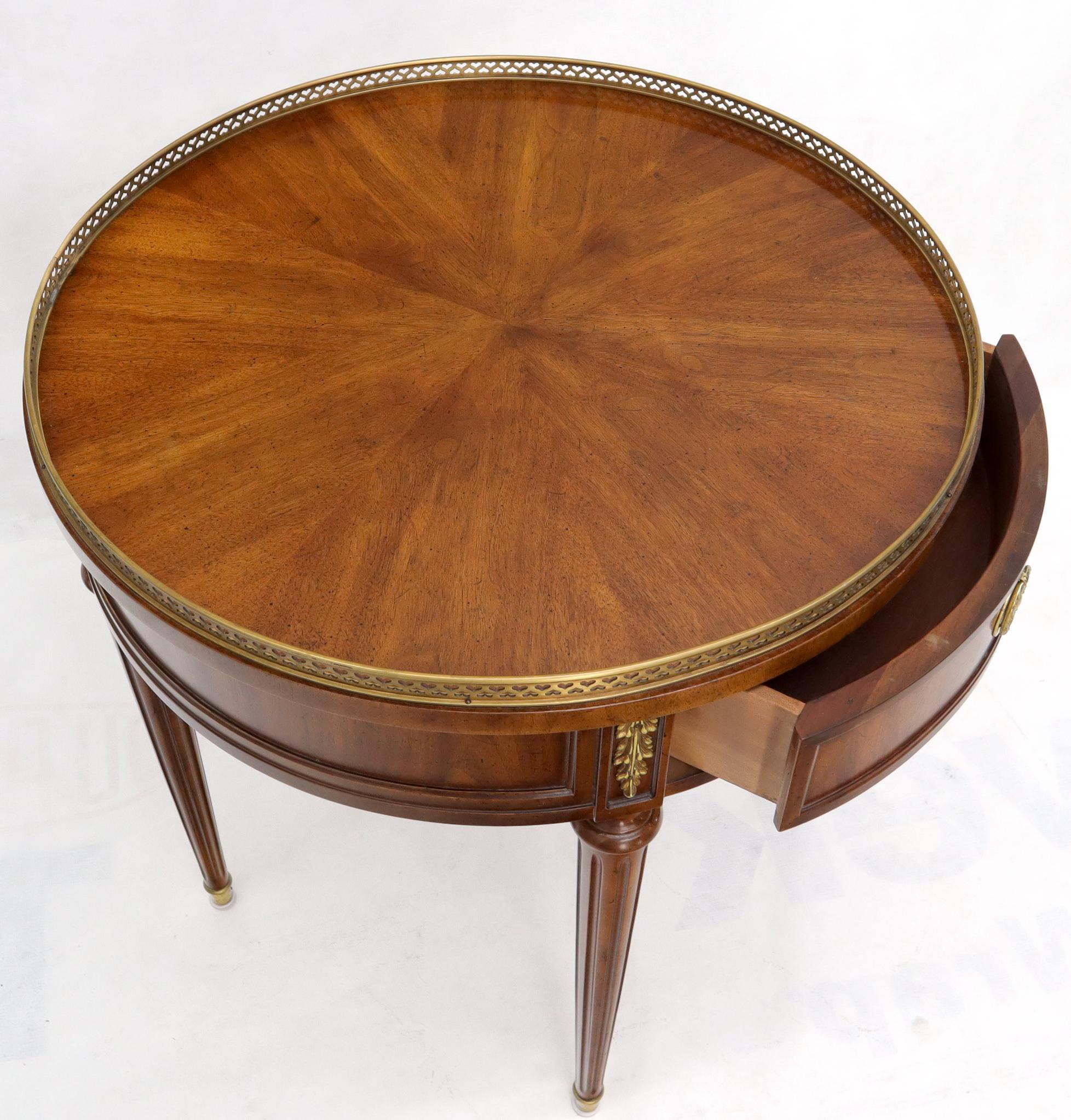 Henredon Walnut Brass Gallery One Drawer Round End Lamp Table Stand 3