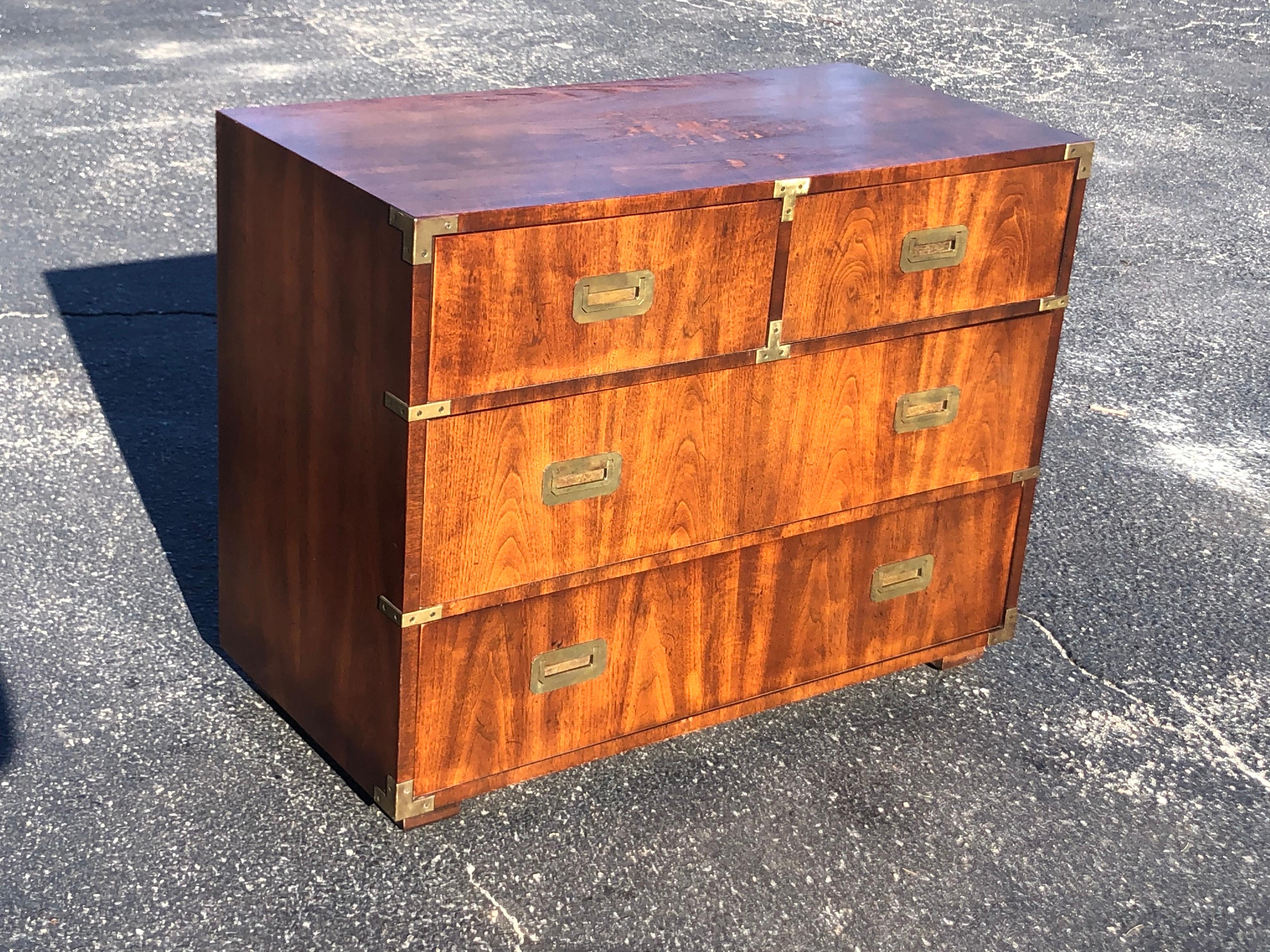 Henredon walnut campaign dresser. Nice chunky brass hardware adorns this classic, timeless piece. Great storage too.