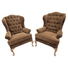 Sedie da salotto Wingback di Henredon rivestite in mohair di alpaca color cammello scuro, coppia