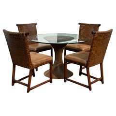 Henredon Sillas de Comedor de Cuero Mesa de Pedestal de Coco, Juego de 5
