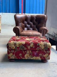 Vintage Henredon Writer's Ottoman, Custom Red Velvet Floral, Bun Feet