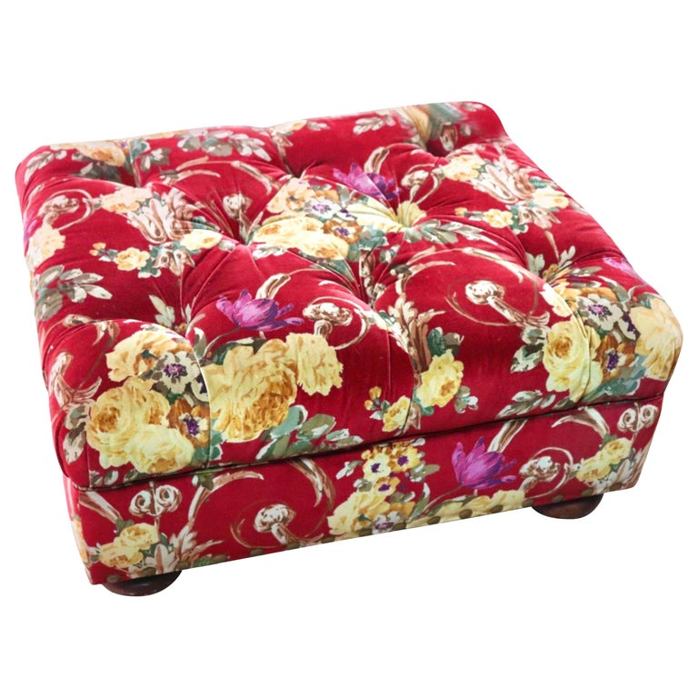 Vintage Henredon Writer's Ottoman, Custom Red Velvet Floral, Bun Feet