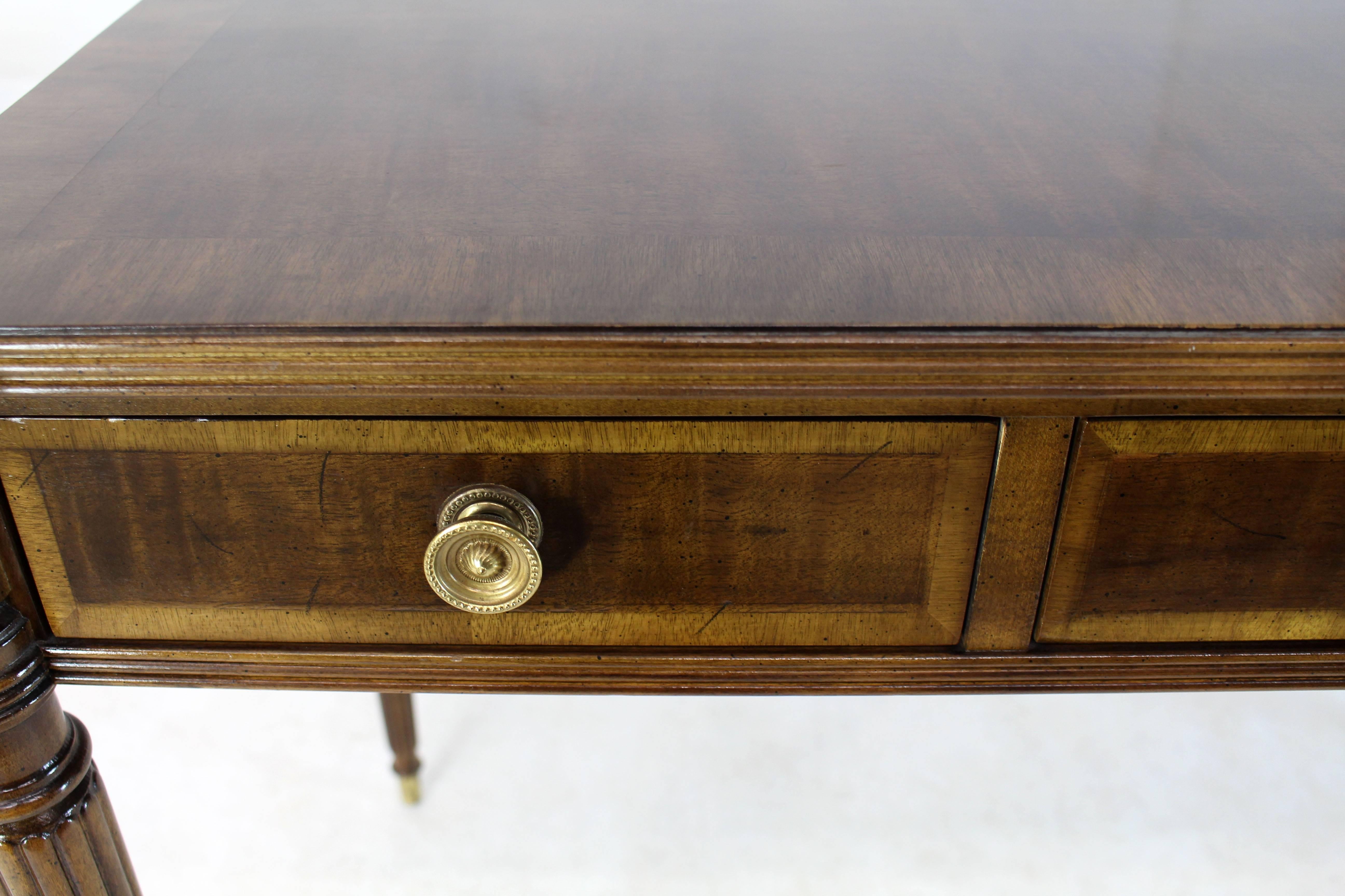 American Henredon Writing Hall Console Table with Three Drawers on Fluted Legs Brass